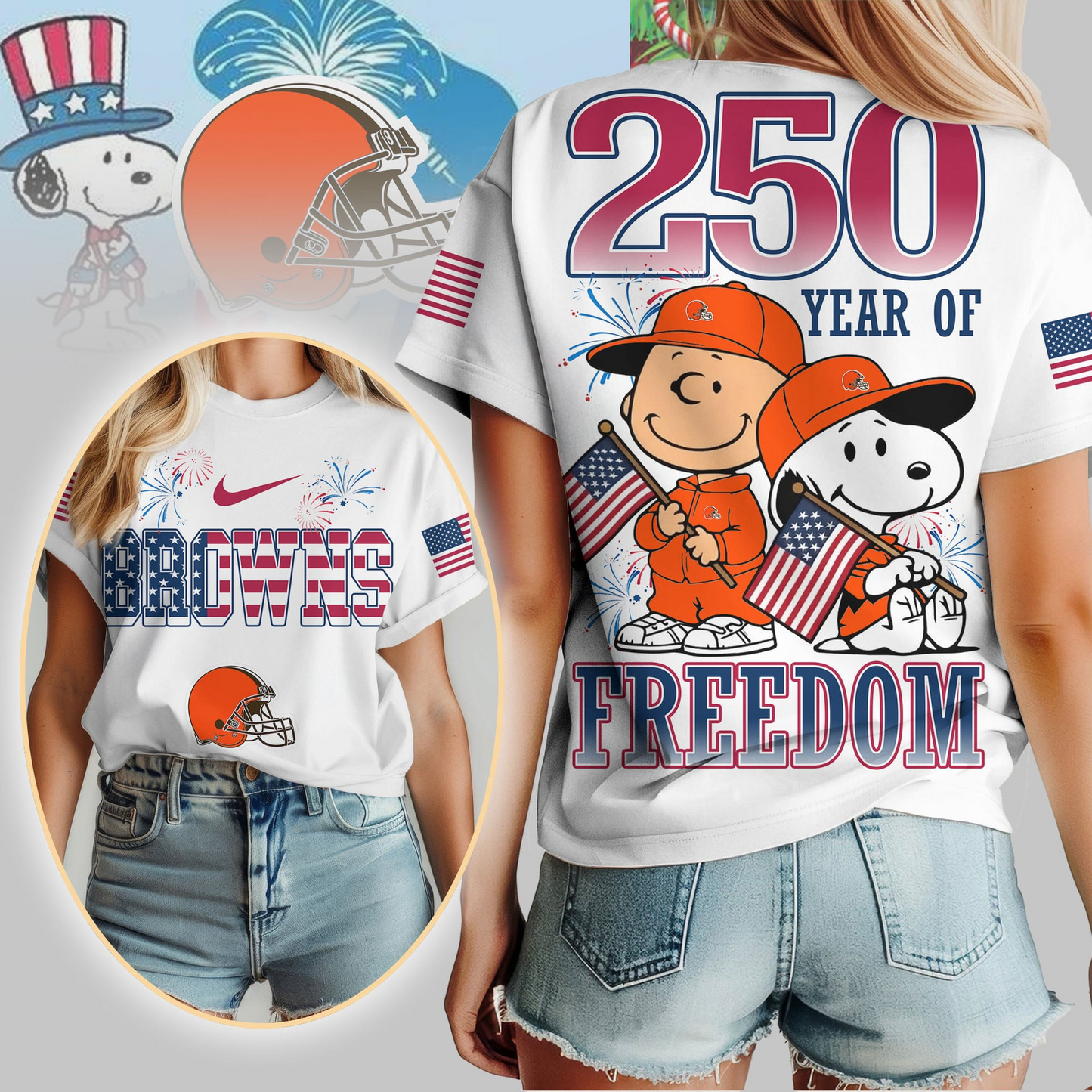 CLE Premium NFL Peanuts 250 Years Of Freedom 3D Shirt DDT NTL