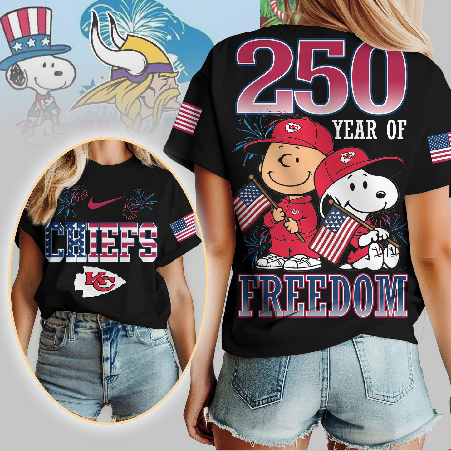 KCC Premium NFL Peanuts 250 Years Of Freedom 3D Shirt DDT NTL
