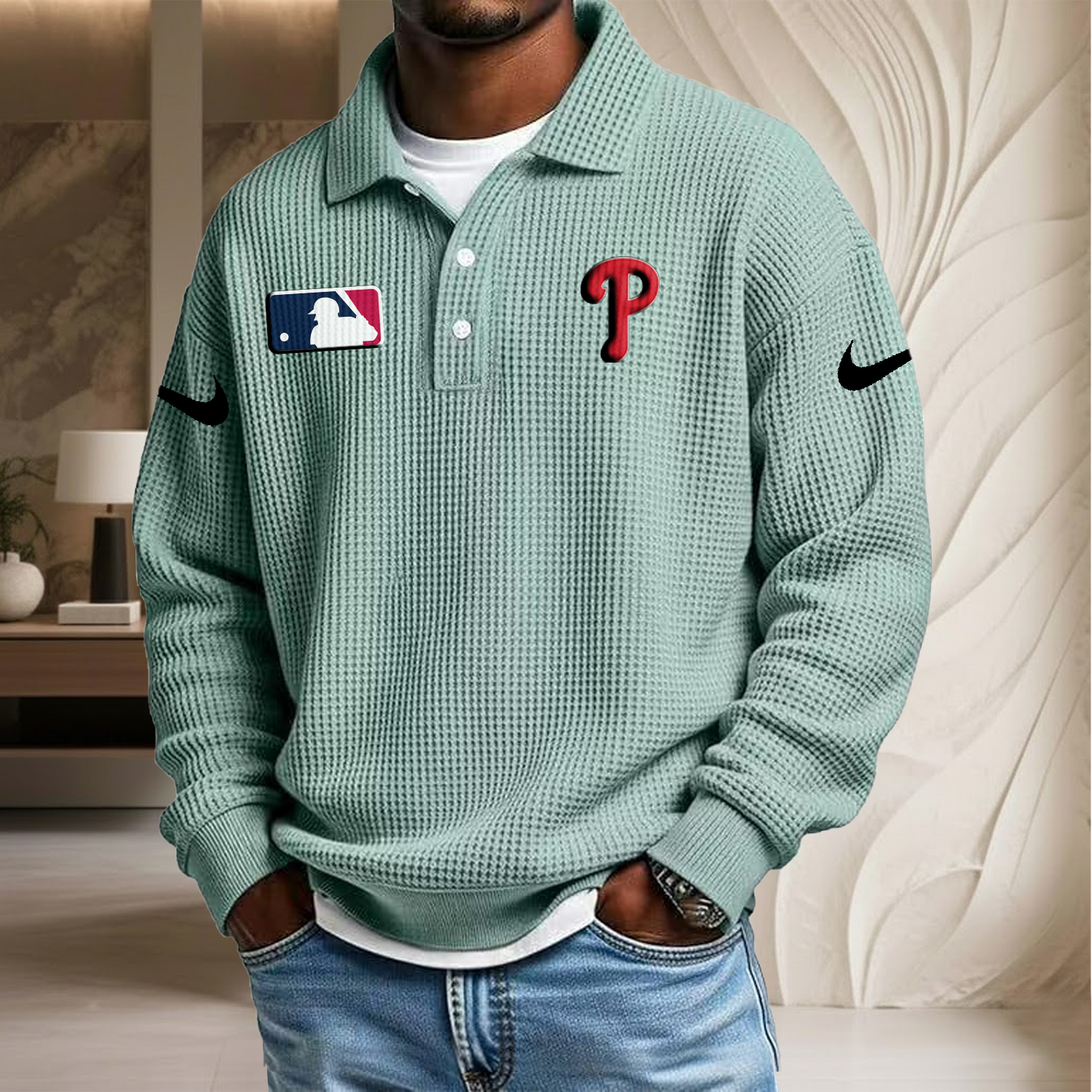 MLB x PHI Waffle Three Button Lapel Polo HLP HLPHUONG
