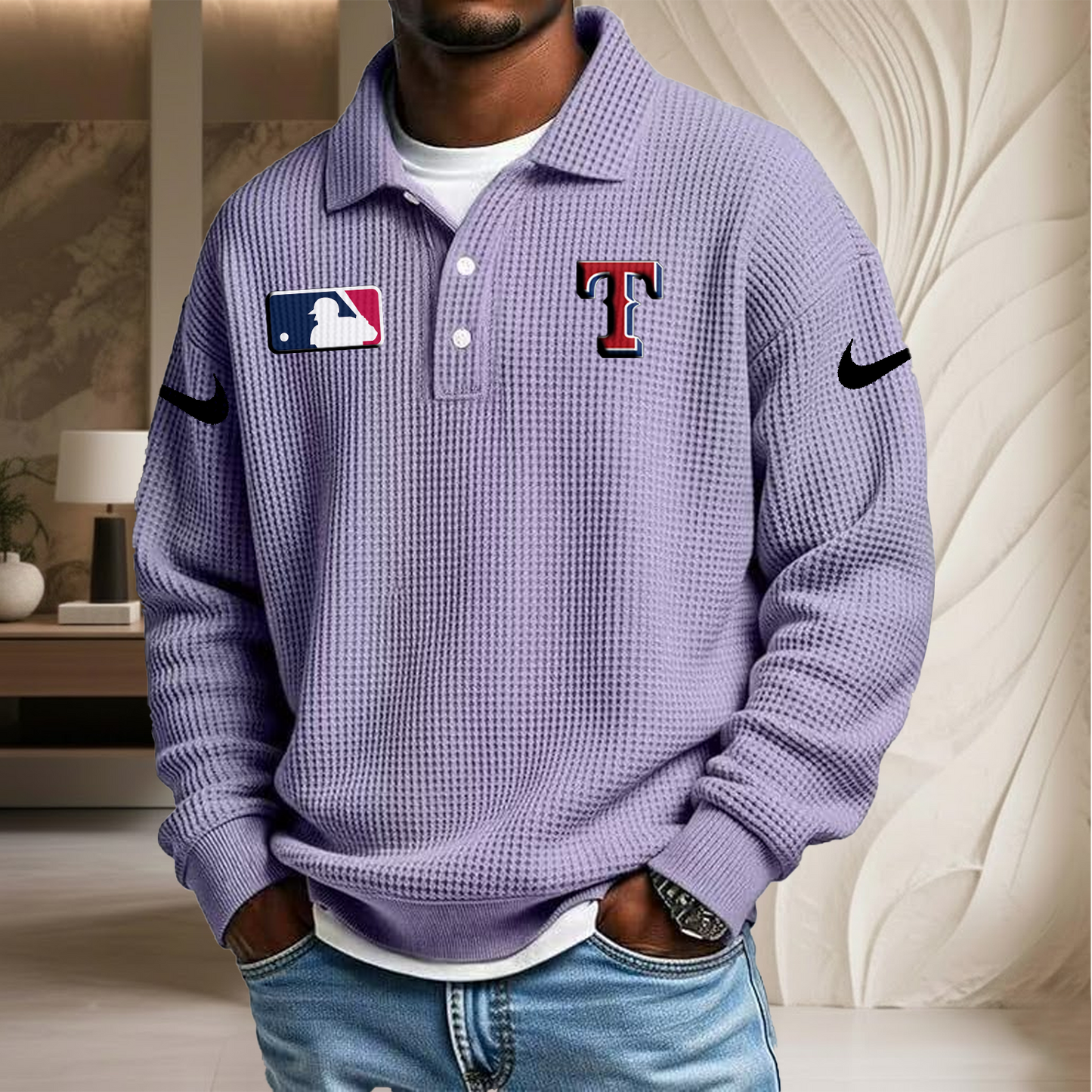 MLB x TEX Waffle Three Button Lapel Polo HLP HLPHUONG