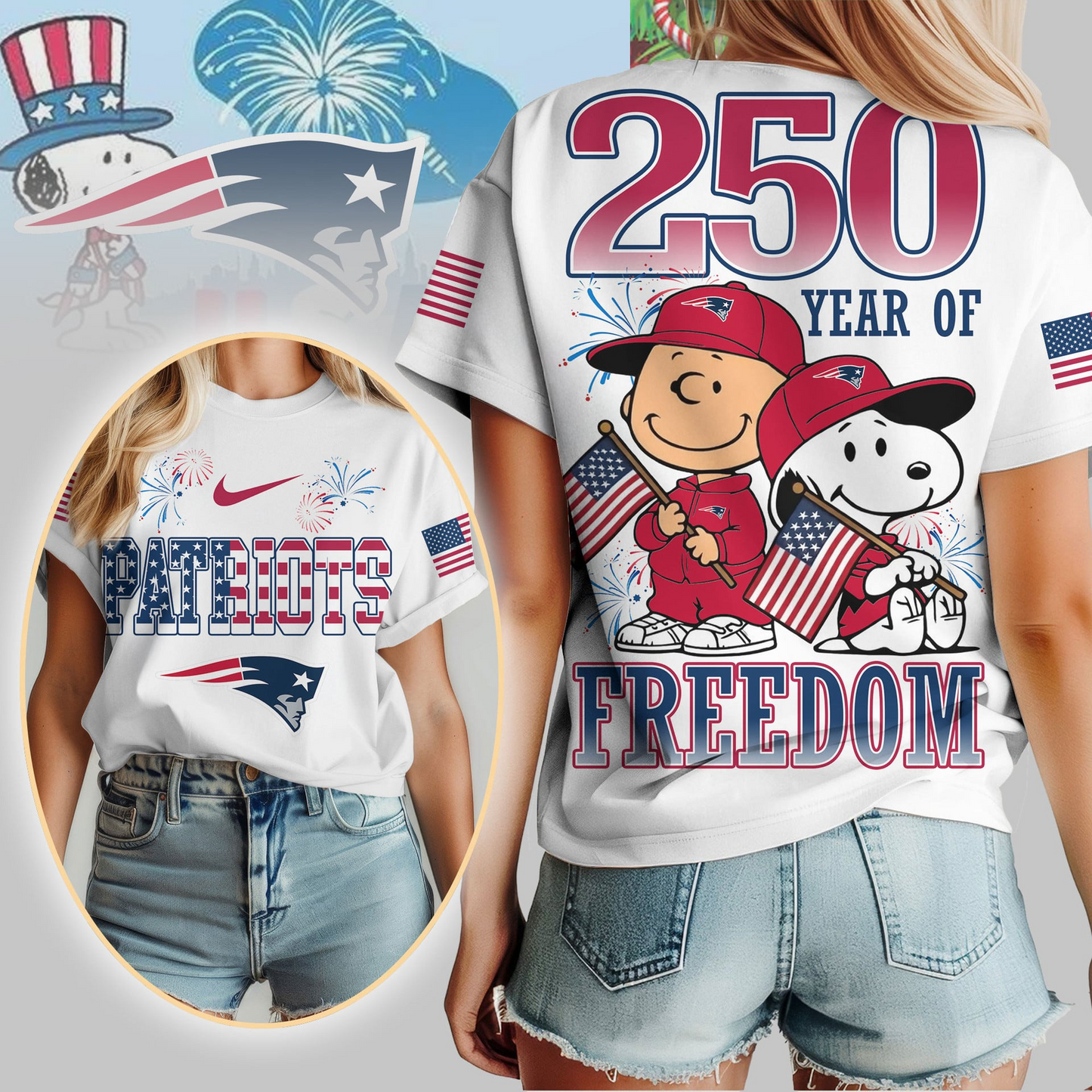 NEP Premium NFL Peanuts 250 Years Of Freedom 3D Shirt DDT NTL