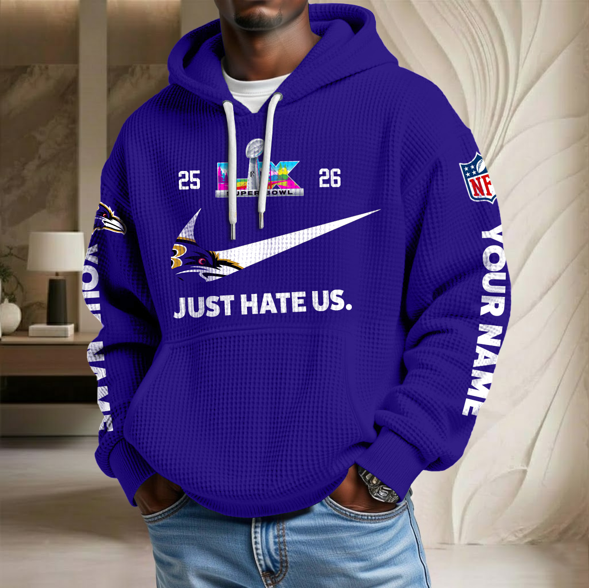 NFL x BAL SB Just Hate Us Custom Name Waffle Hoodie HLP HLPHUONG