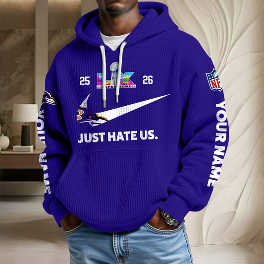 NFL x BAL SB Just Hate Us Custom Name Waffle Hoodie HLP HLPHUONG