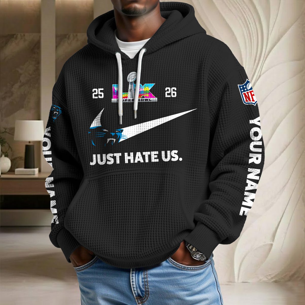 NFL x CAR SB Just Hate Us Custom Name Waffle Hoodie HLP HLPHUONG