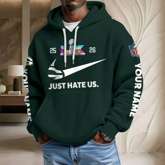 NFL x GB SB Just Hate Us Custom Name Waffle Hoodie HLP HLPHUONG