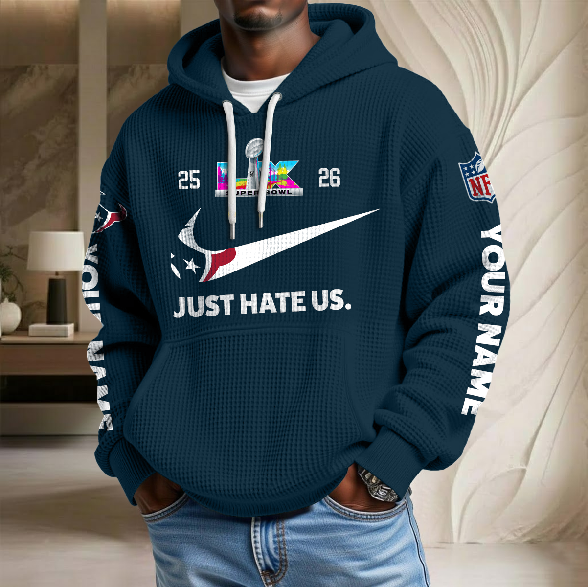 NFL x HOU SB Just Hate Us Custom Name Waffle Hoodie HLP HLPHUONG