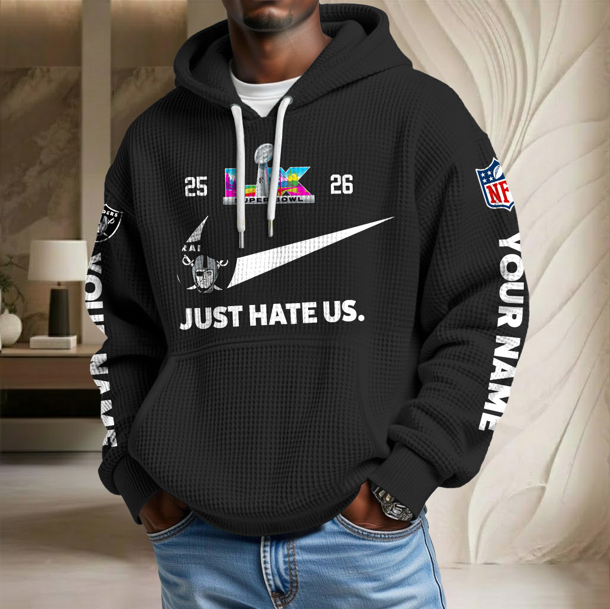 NFL x LV SB Just Hate Us Custom Name Waffle Hoodie HLP HLPHUONG