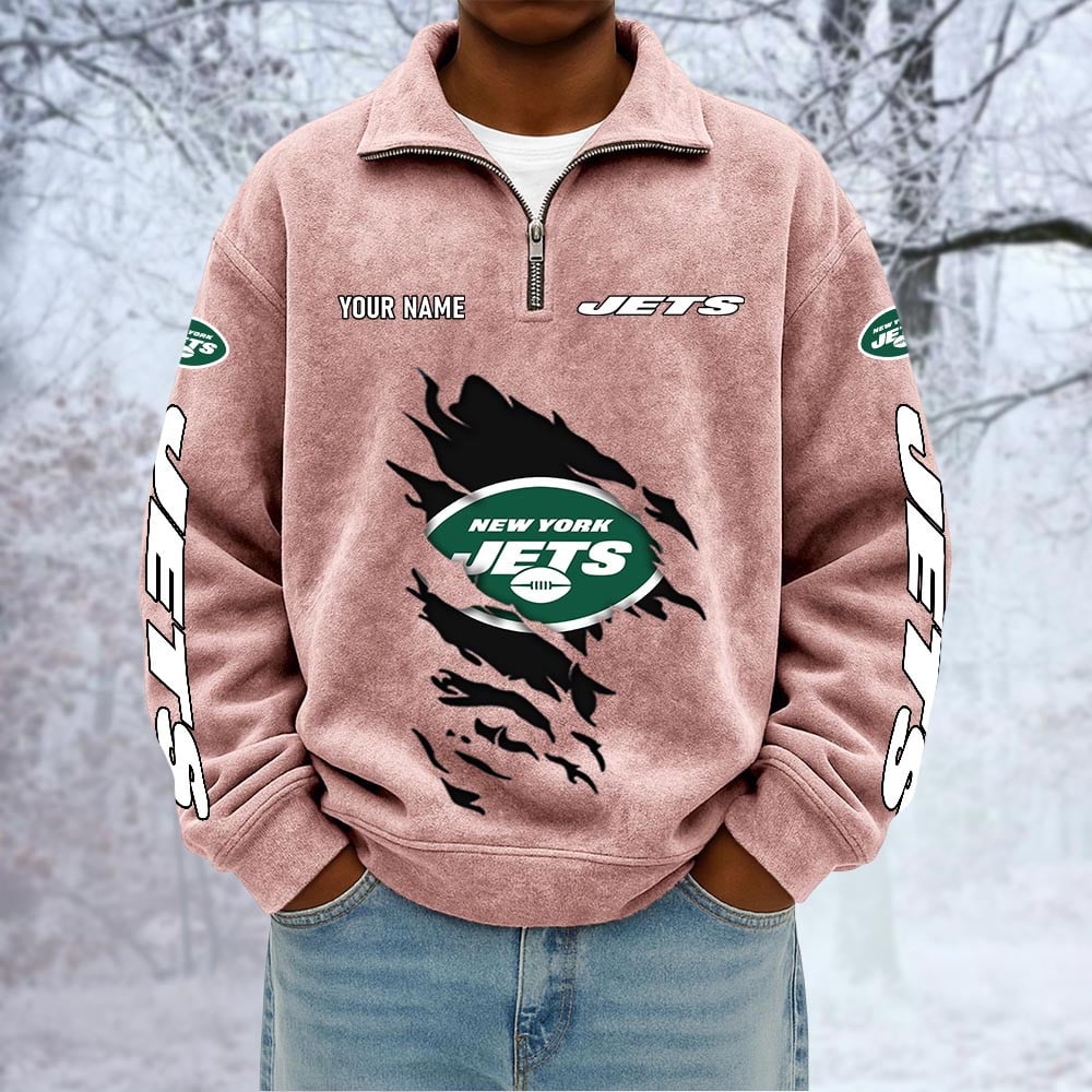 NFL x NYJ Custom Name Half-zip Collar Suede Sweatshirt HLP HLPHUONG