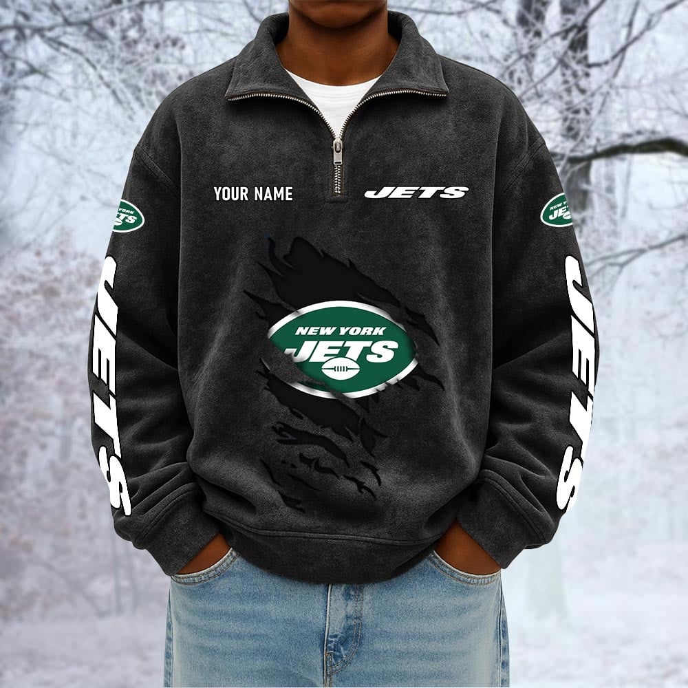 NFL x NYJ Custom Name Half-zip Collar Suede Sweatshirt HLP HLPHUONG