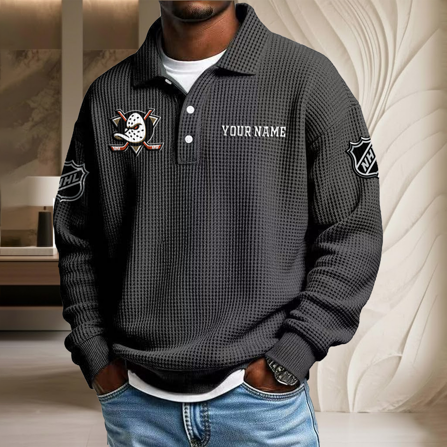 NHL x ANA Custom Name Waffle Three Button Lapel Polo HLP HLPHUONG