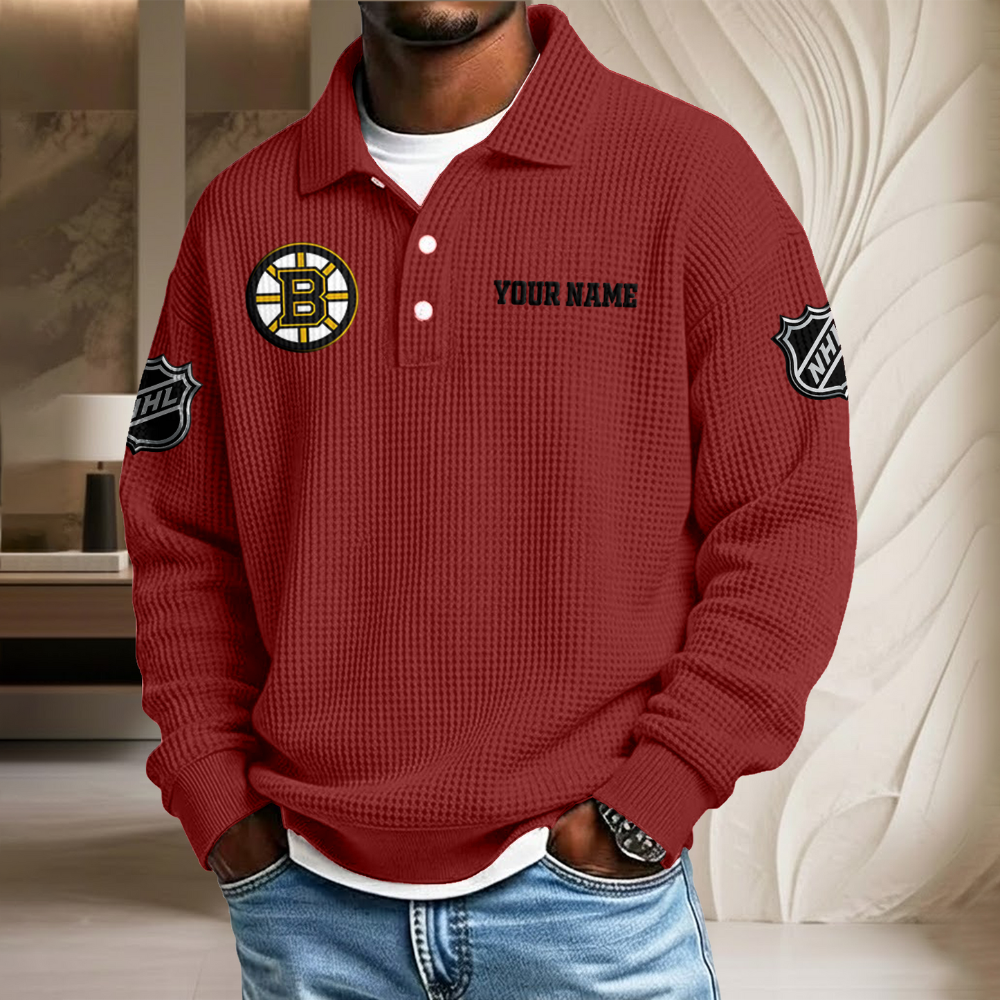 NHL x BOS Custom Name Waffle Three Button Lapel Polo HLP HLPHUONG