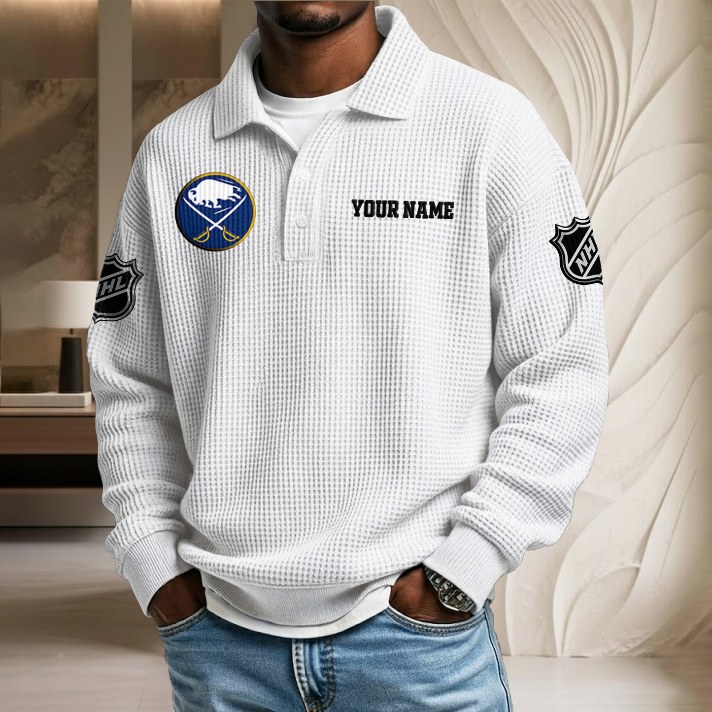 NHL x BUF Custom Name Waffle Three Button Lapel Polo HLP HLPHUONG