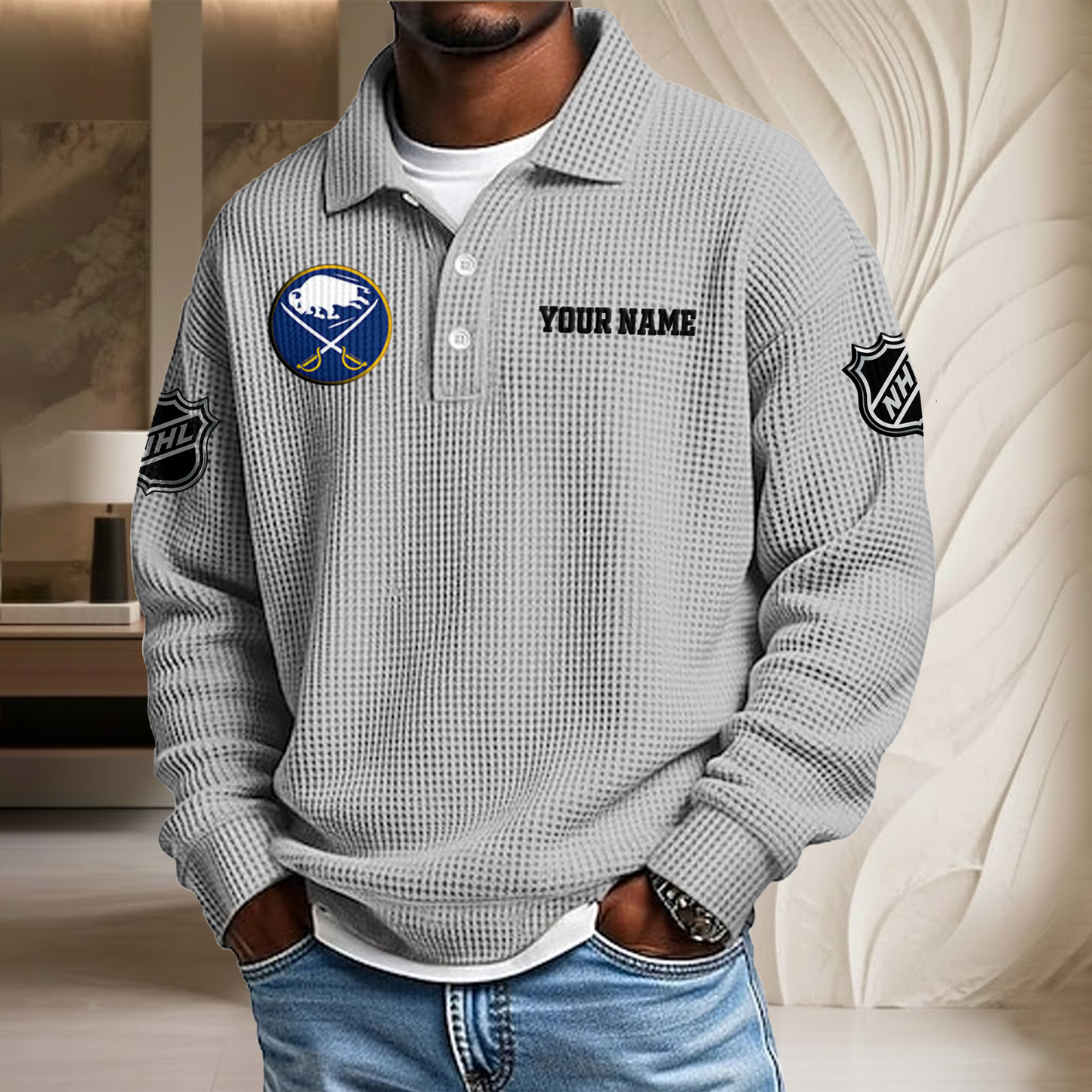 NHL x BUF Custom Name Waffle Three Button Lapel Polo HLP HLPHUONG