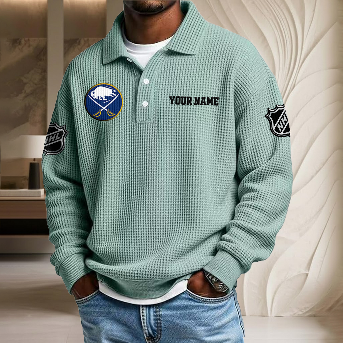 NHL x BUF Custom Name Waffle Three Button Lapel Polo HLP HLPHUONG