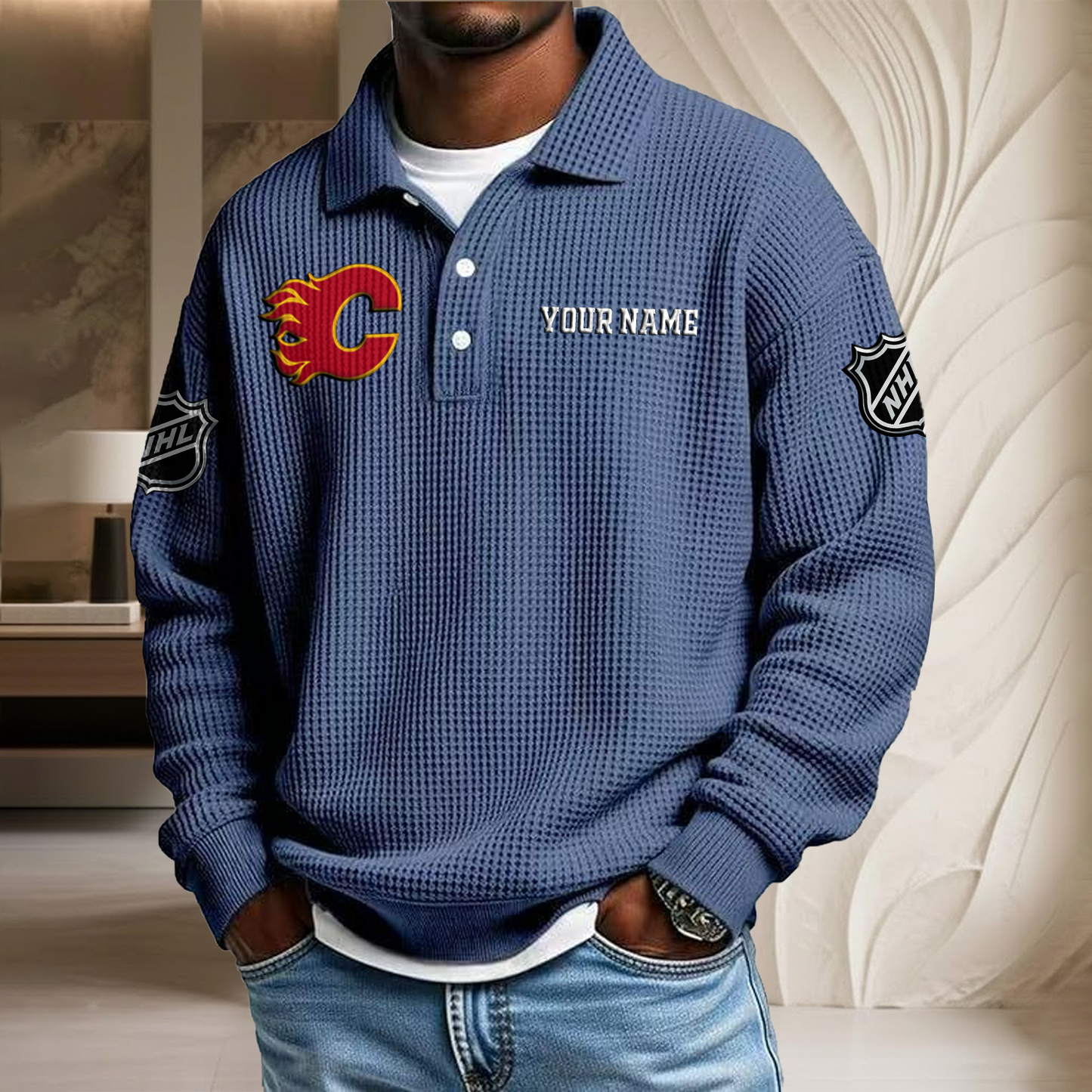 NHL x CAL Custom Name Waffle Three Button Lapel Polo HLP HLPHUONG
