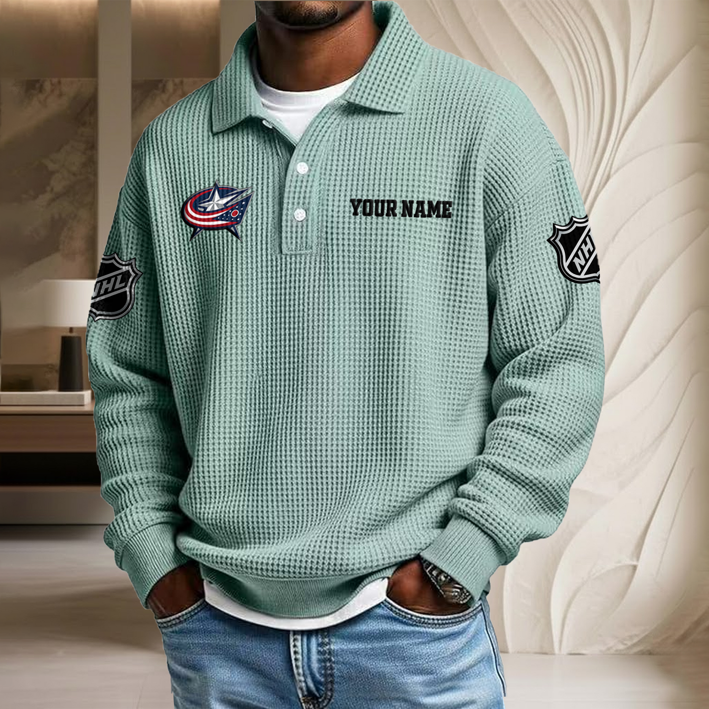 NHL x CBJ Custom Name Waffle Three Button Lapel Polo HLP HLPHUONG
