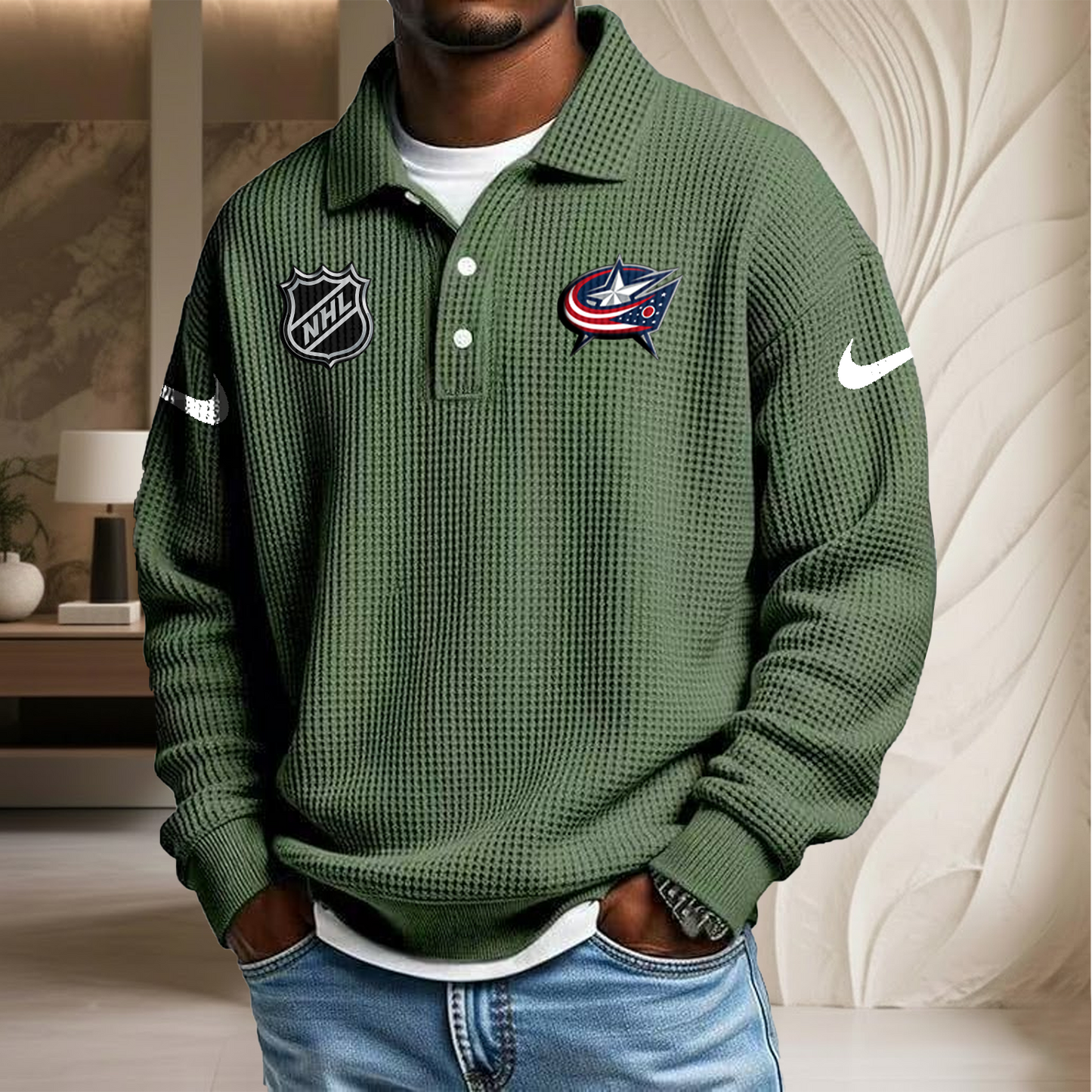 NHL x CBJ Waffle Three Button Lapel Polo HLP HLPHUONG