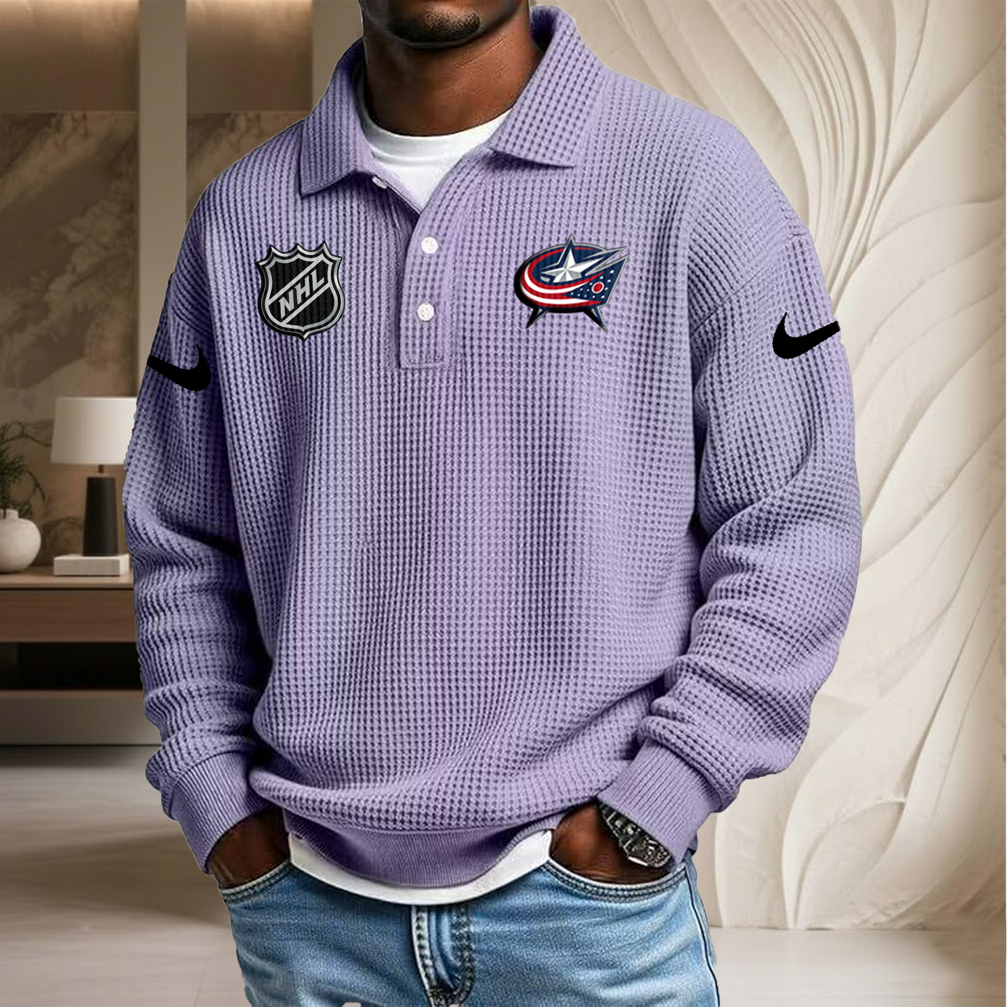 NHL x CBJ Waffle Three Button Lapel Polo HLP HLPHUONG