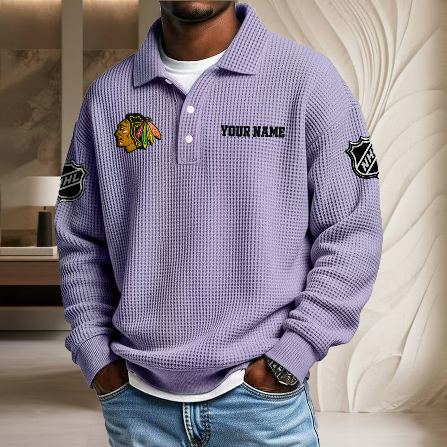 NHL x CHI Custom Name Waffle Three Button Lapel Polo HLP HLPHUONG