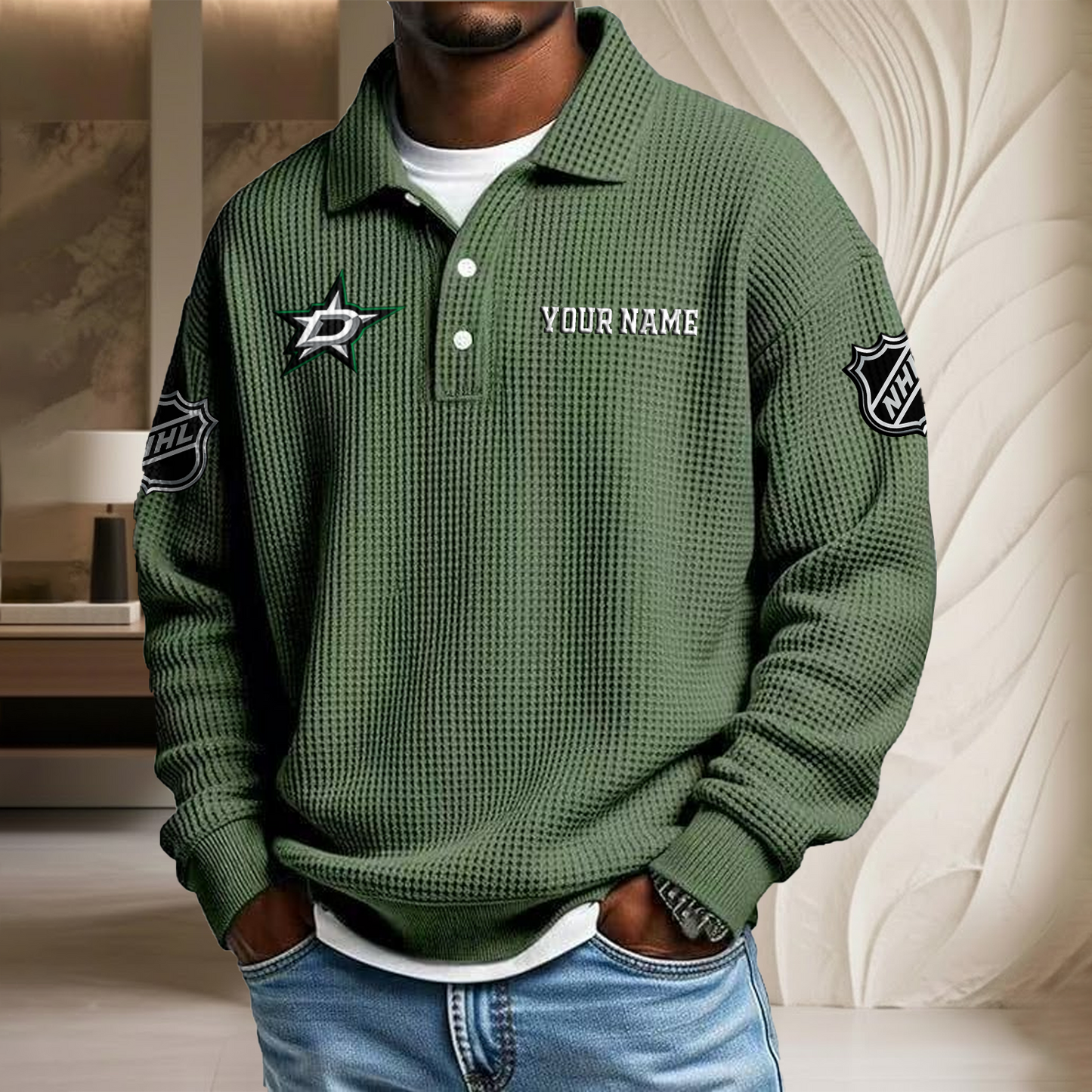 NHL x DAL Custom Name Waffle Three Button Lapel Polo HLP HLPHUONG