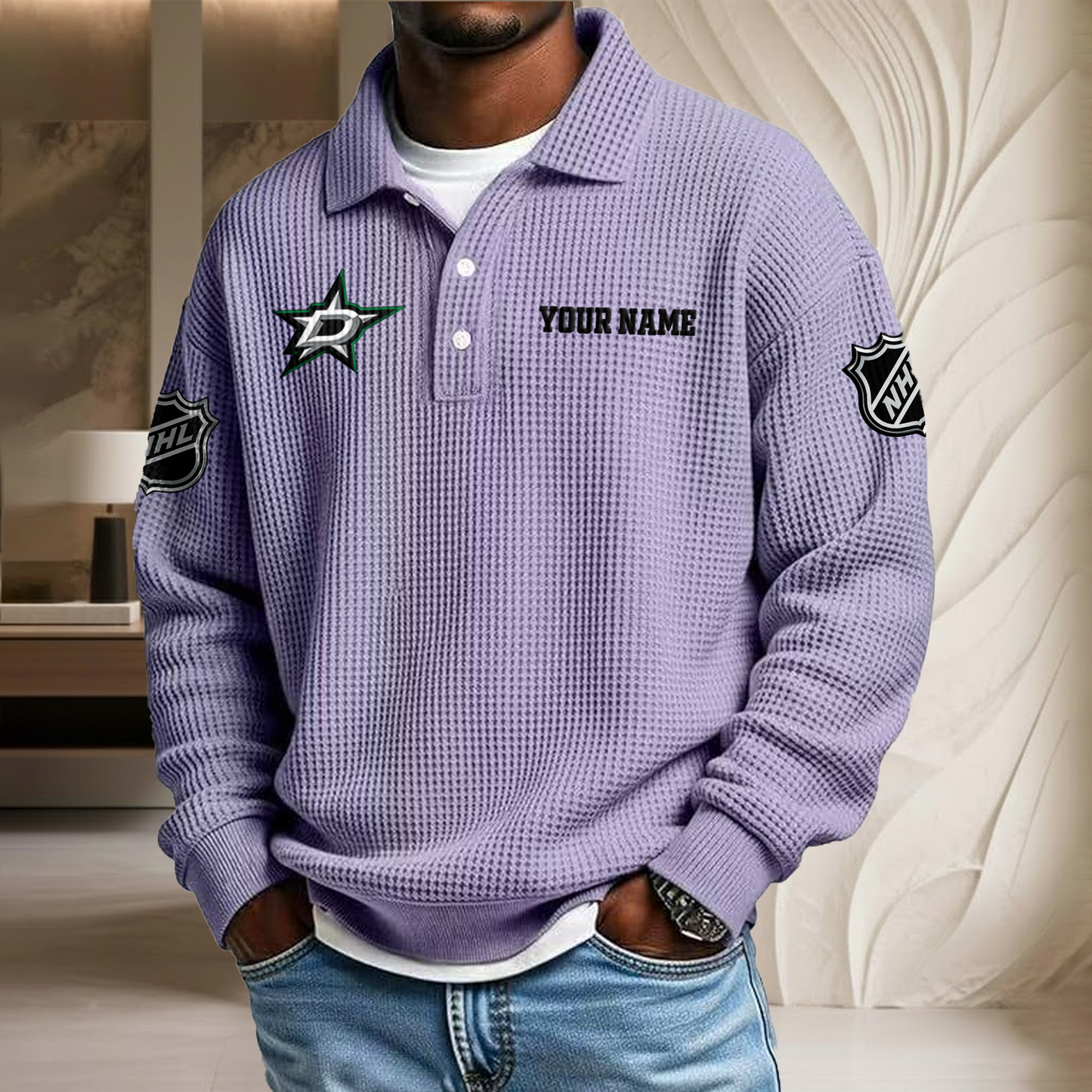 NHL x DAL Custom Name Waffle Three Button Lapel Polo HLP HLPHUONG
