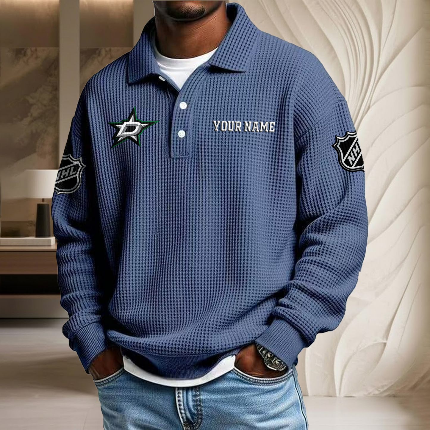NHL x DAL Custom Name Waffle Three Button Lapel Polo HLP HLPHUONG