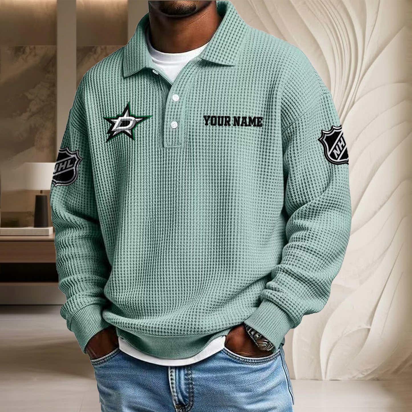 NHL x DAL Custom Name Waffle Three Button Lapel Polo HLP HLPHUONG