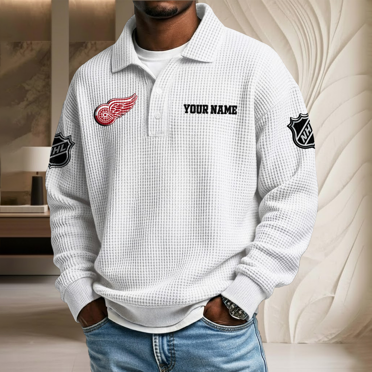 NHL x DET Custom Name Waffle Three Button Lapel Polo HLP HLPHUONG