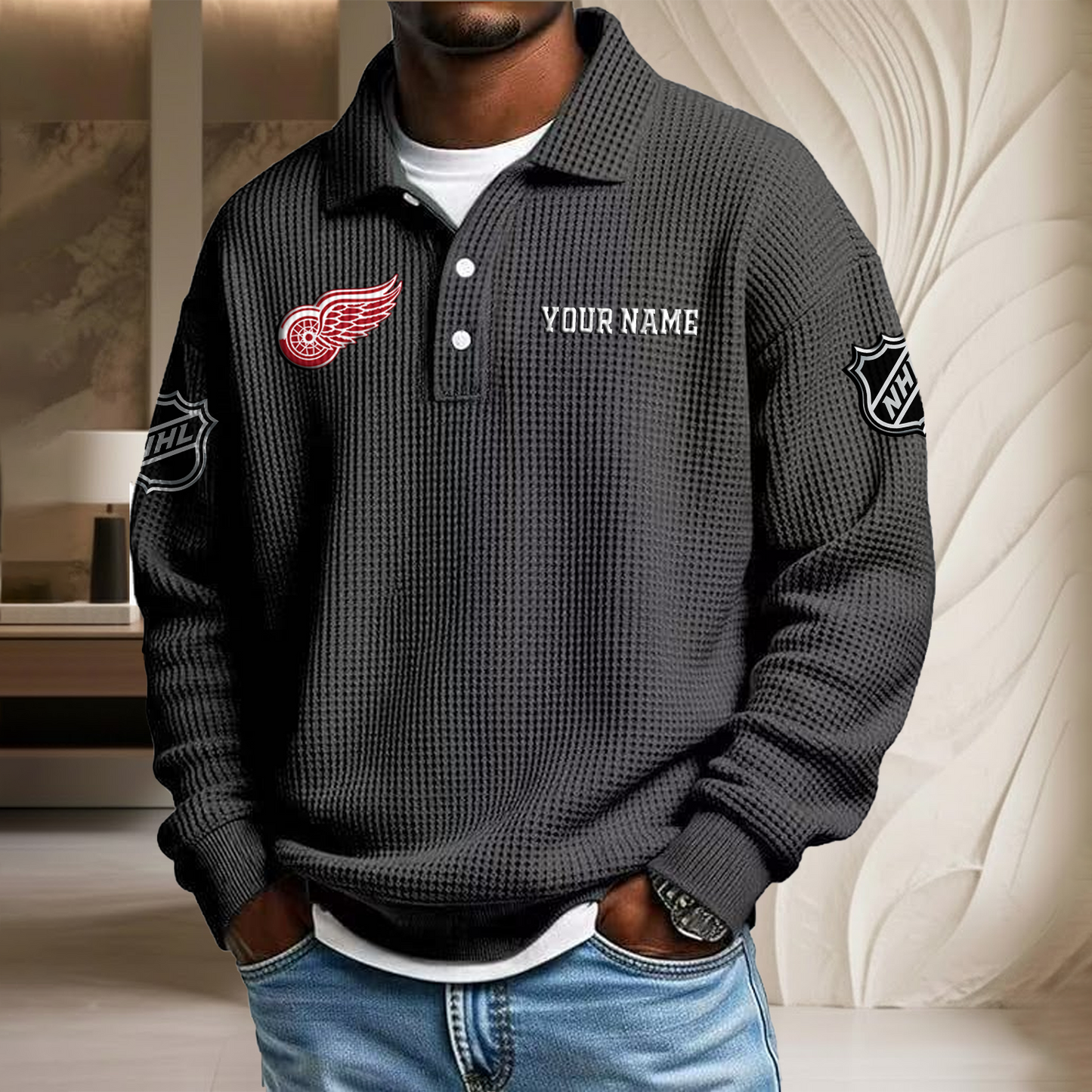 NHL x DET Custom Name Waffle Three Button Lapel Polo HLP HLPHUONG