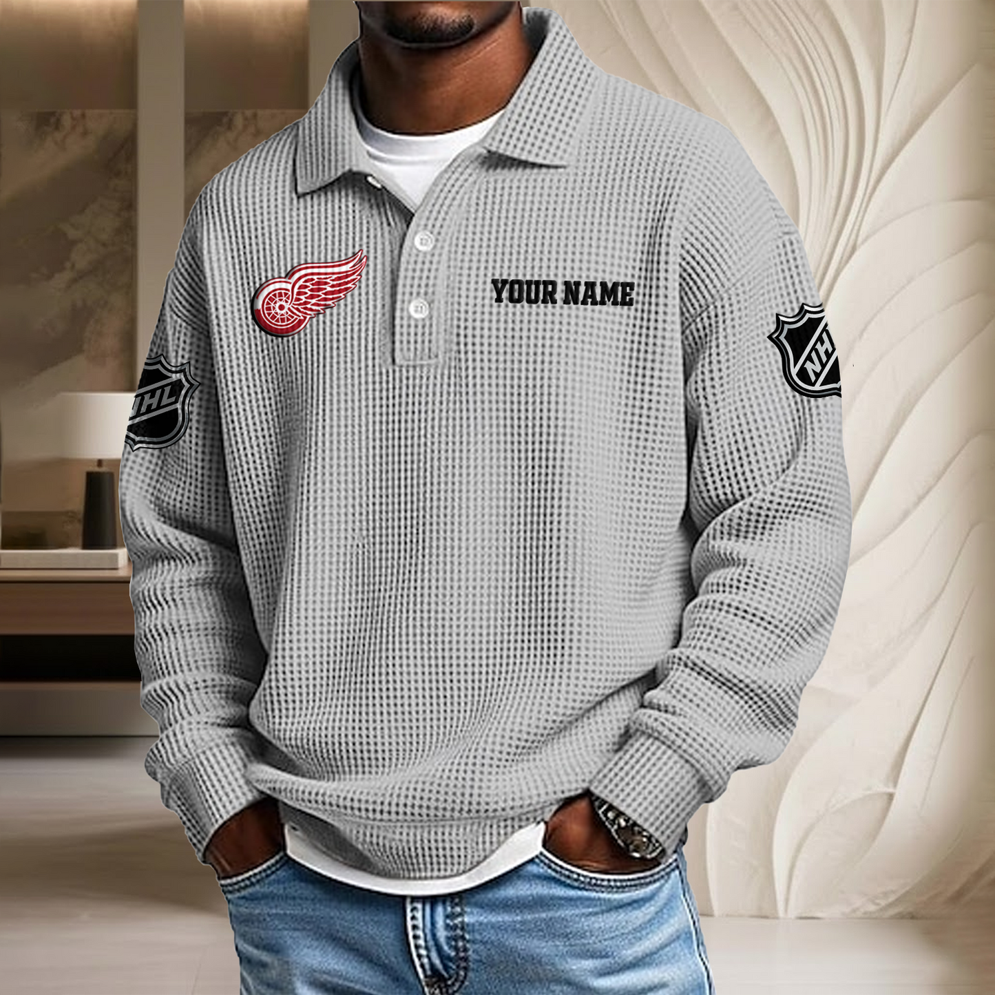 NHL x DET Custom Name Waffle Three Button Lapel Polo HLP HLPHUONG