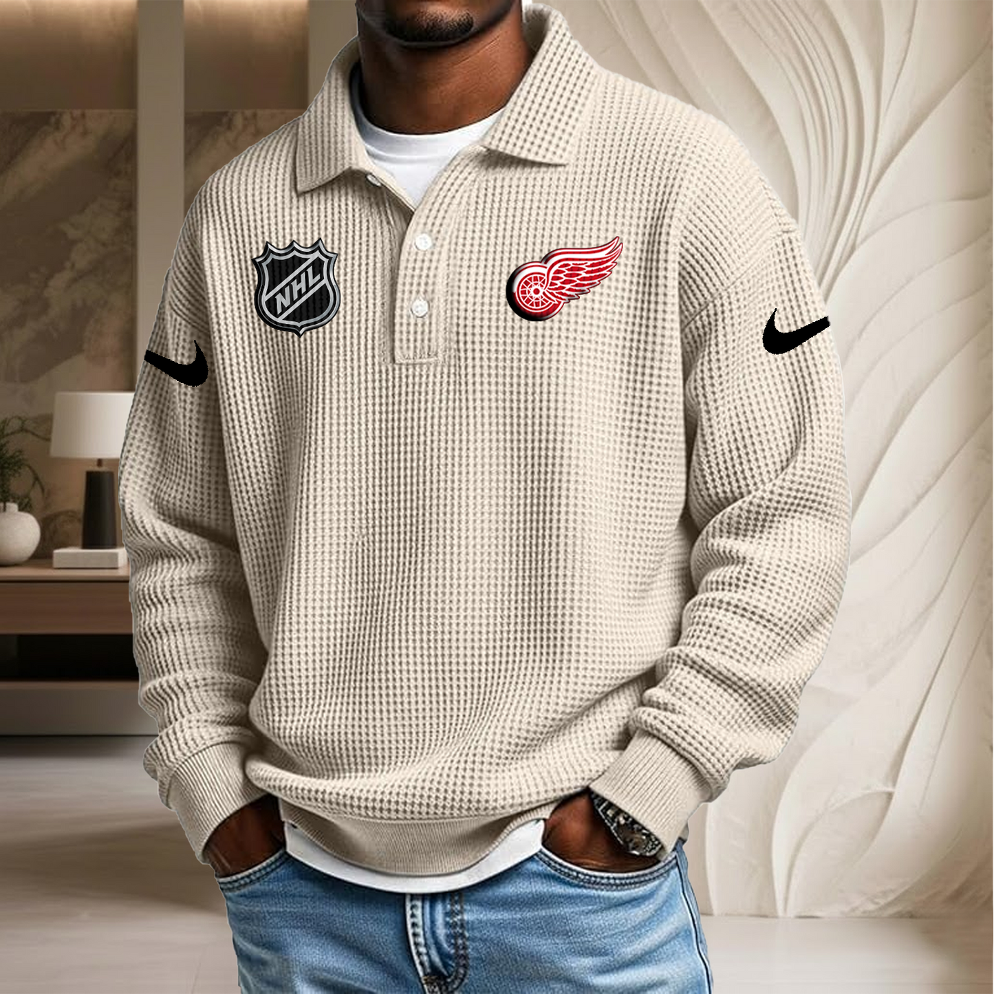 NHL x DET Waffle Three Button Lapel Polo HLP HLPHUONG