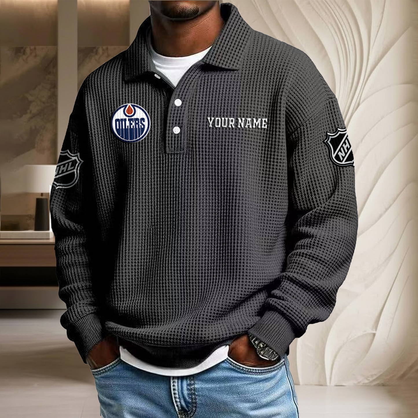 NHL x EDM Custom Name Waffle Three Button Lapel Polo HLP HLPHUONG