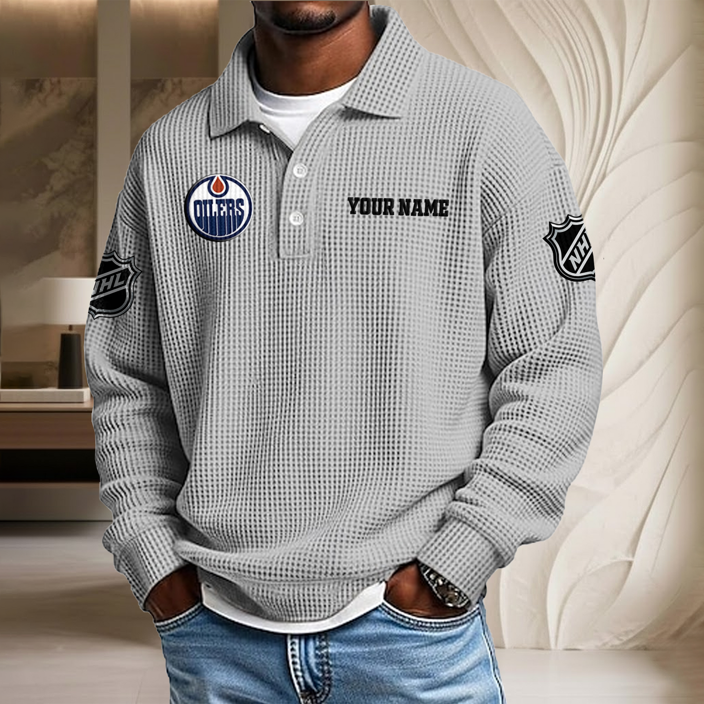 NHL x EDM Custom Name Waffle Three Button Lapel Polo HLP HLPHUONG