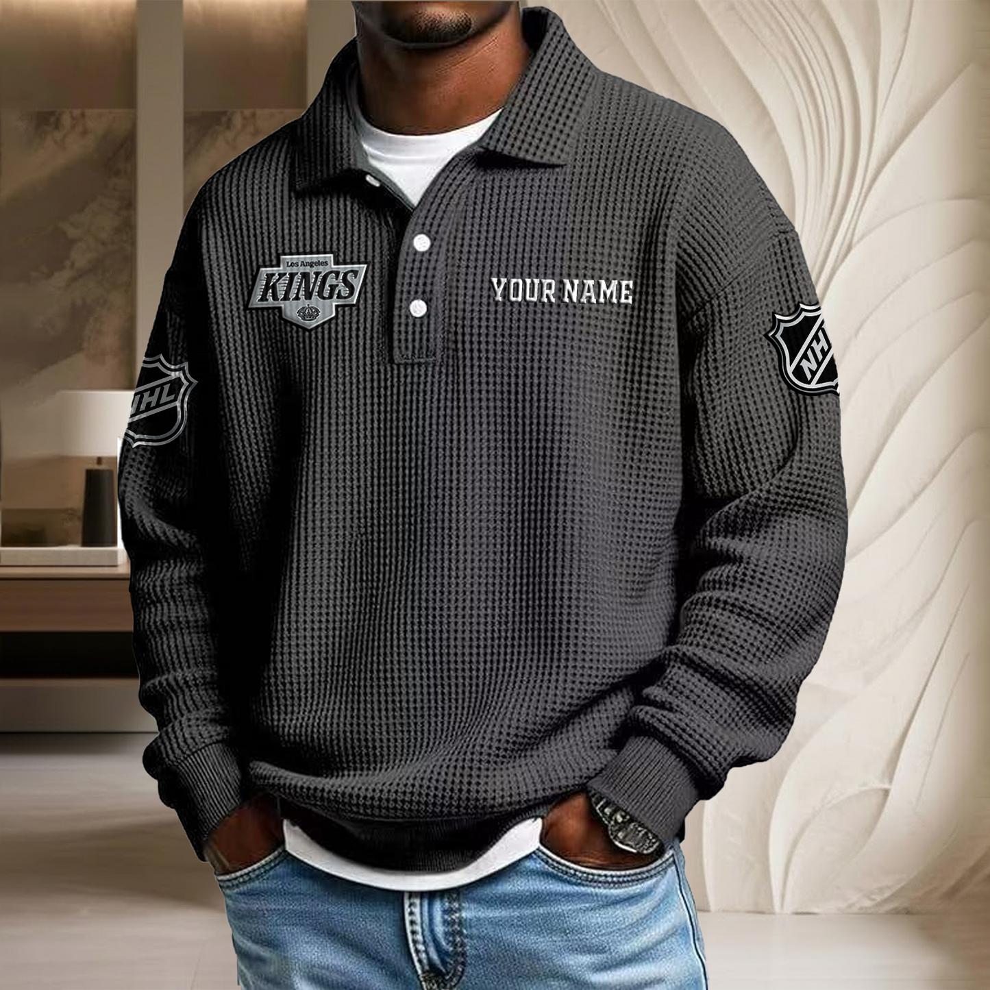 NHL x LAK Custom Name Waffle Three Button Lapel Polo HLP HLPHUONG