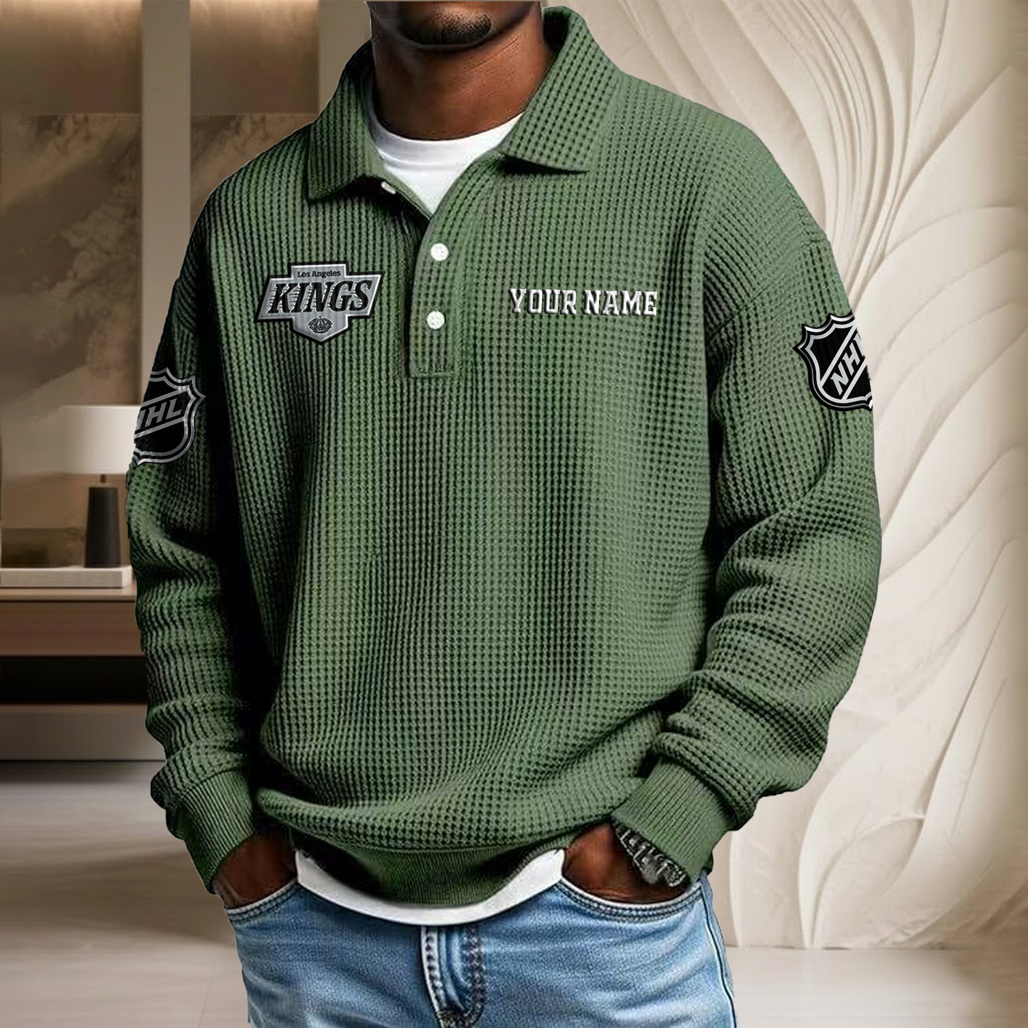 NHL x LAK Custom Name Waffle Three Button Lapel Polo HLP HLPHUONG