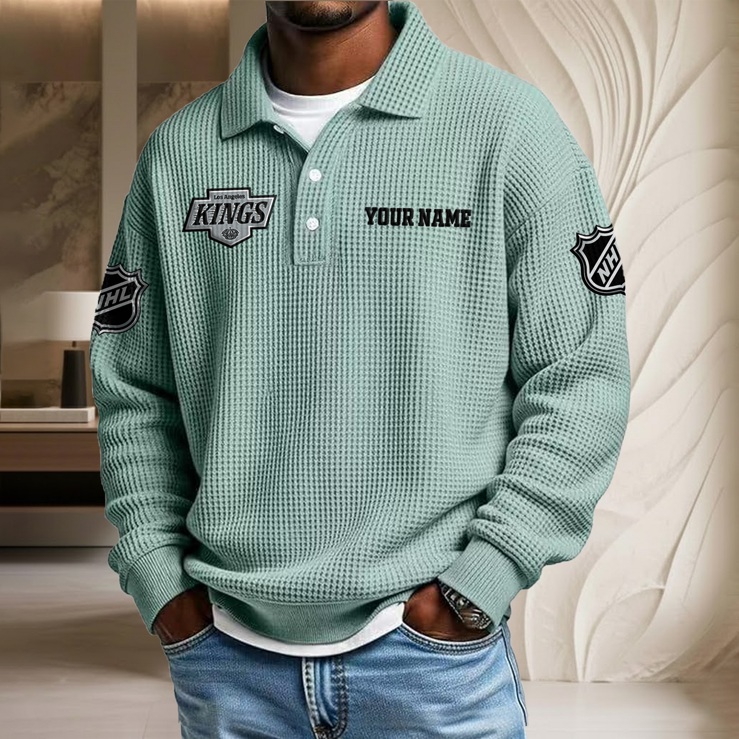 NHL x LAK Custom Name Waffle Three Button Lapel Polo HLP HLPHUONG