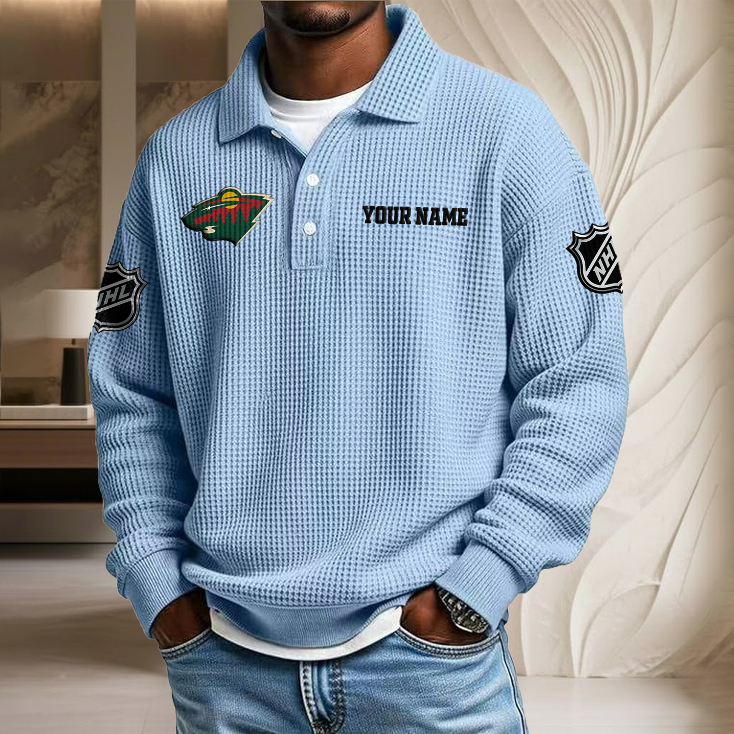 NHL x MIN Custom Name Waffle Three Button Lapel Polo HLP HLPHUONG