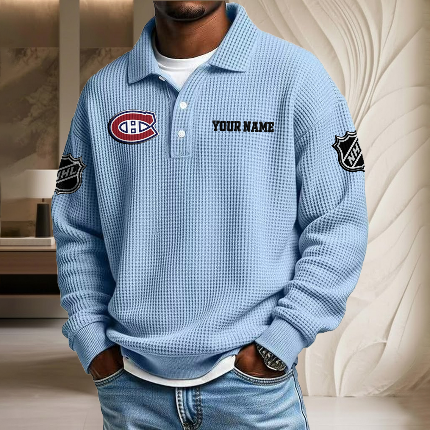 NHL x MON Custom Name Waffle Three Button Lapel Polo HLP HLPHUONG