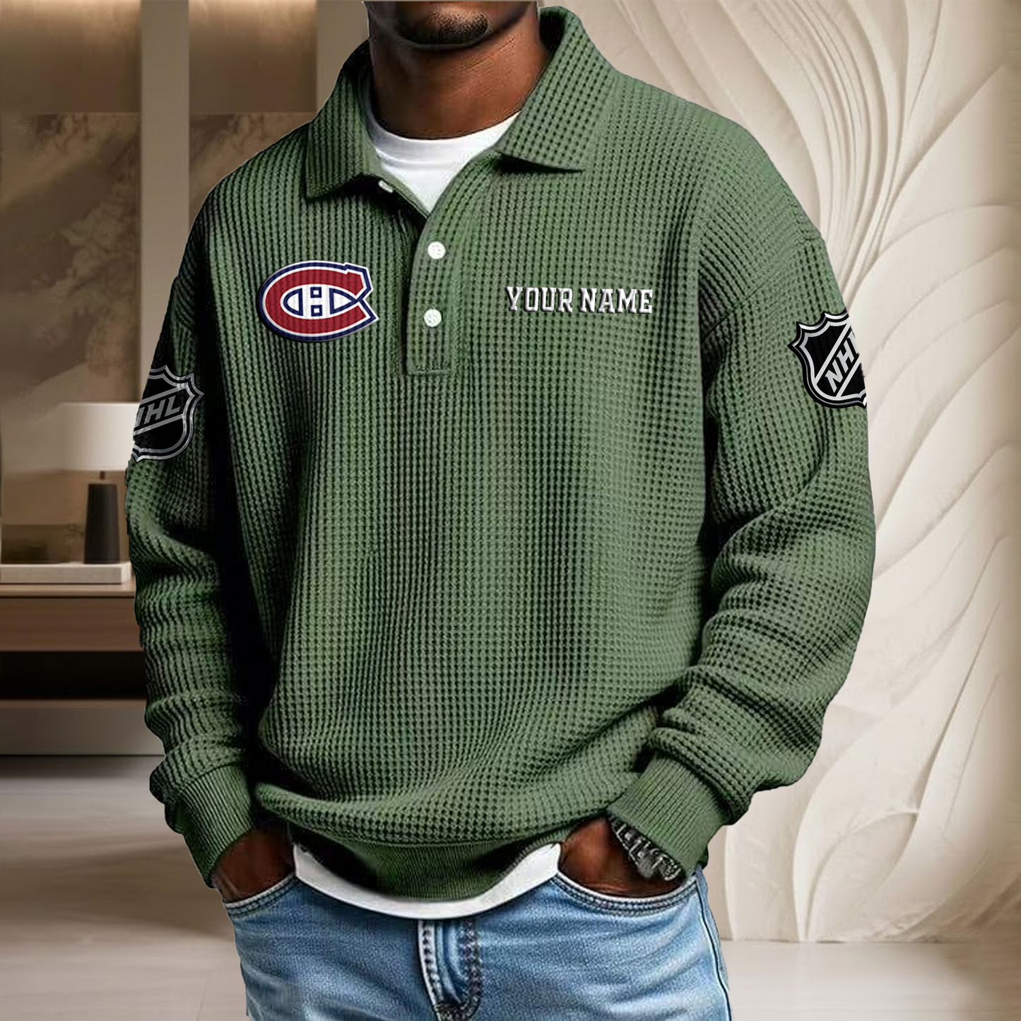 NHL x MON Custom Name Waffle Three Button Lapel Polo HLP HLPHUONG