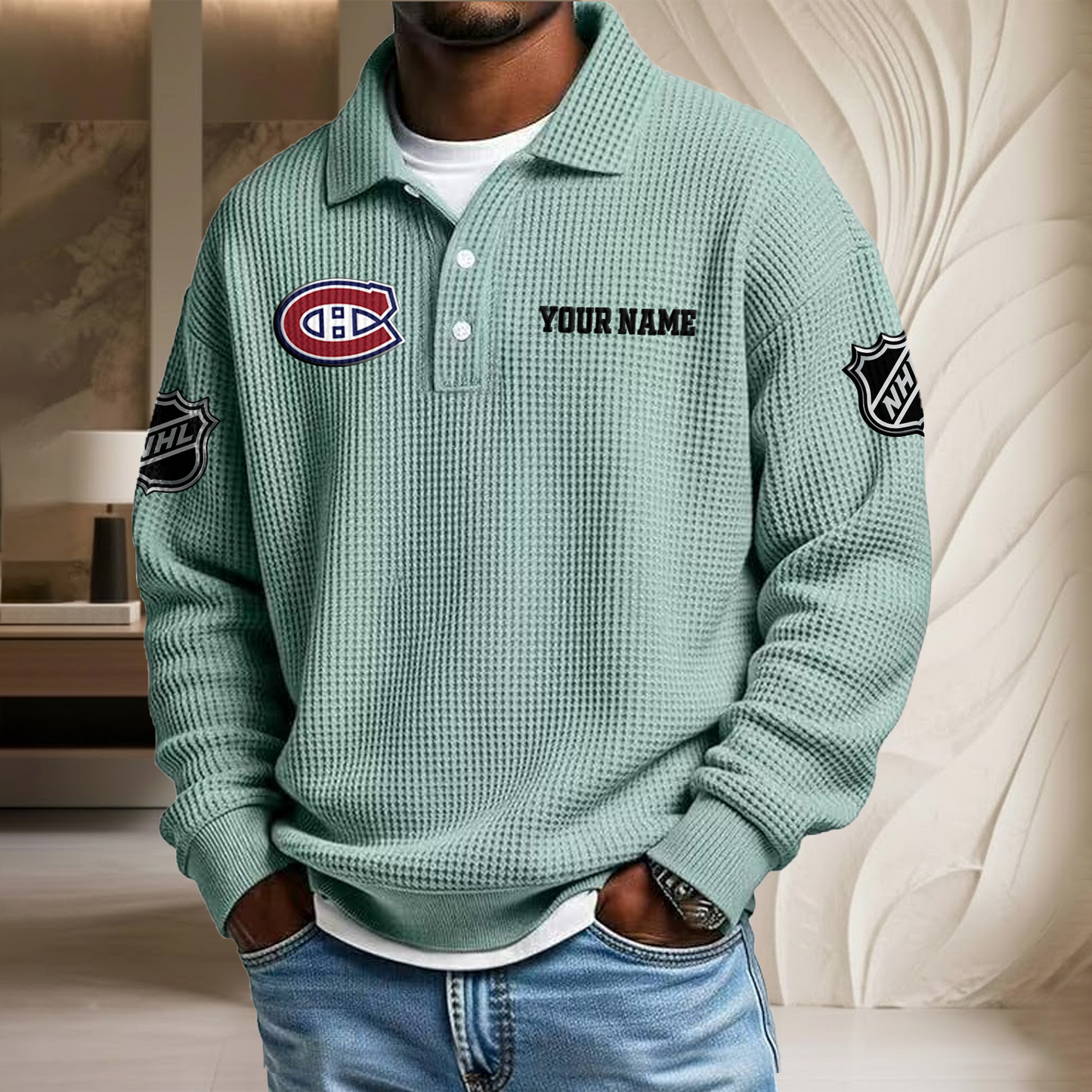 NHL x MON Custom Name Waffle Three Button Lapel Polo HLP HLPHUONG