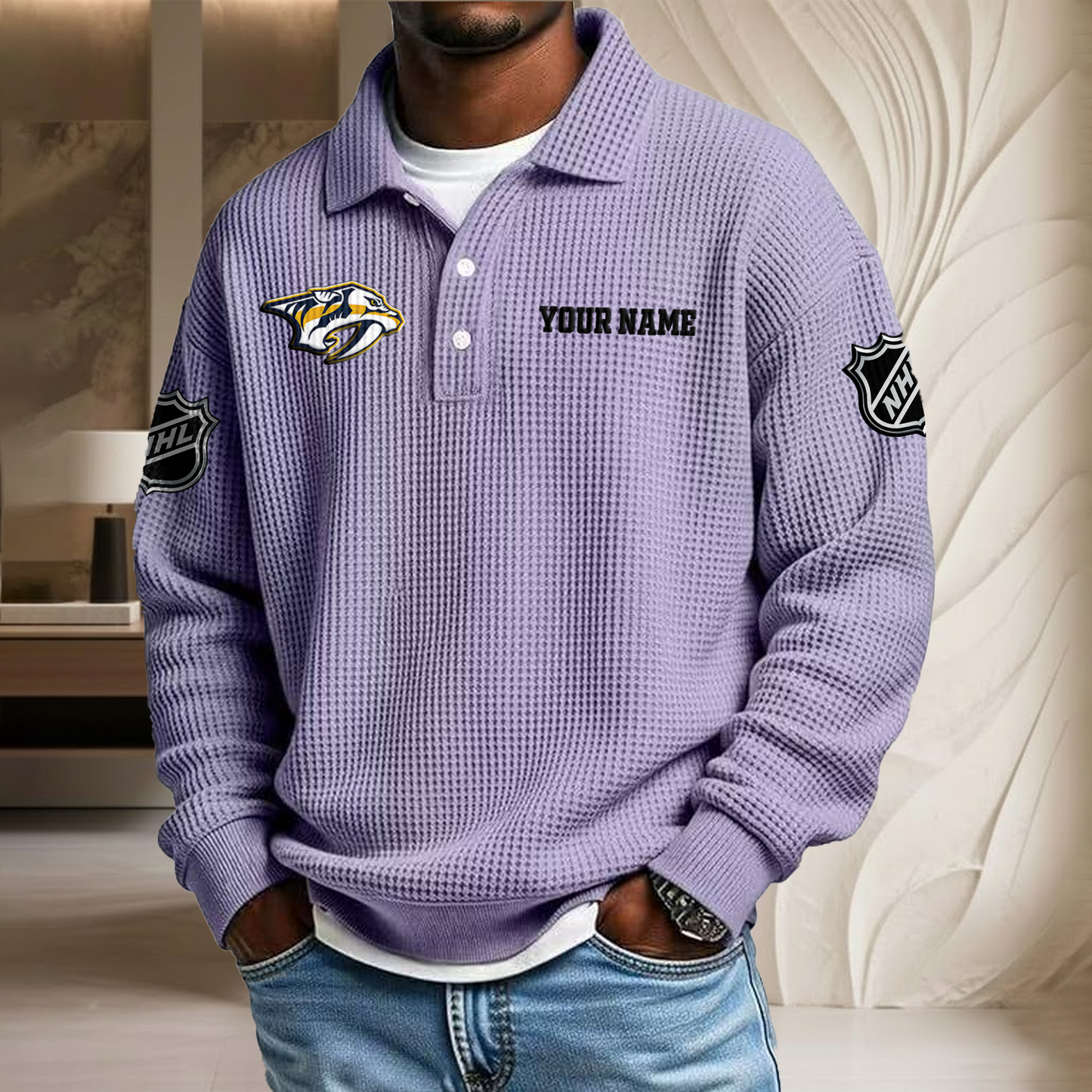 NHL x NAS Custom Name Waffle Three Button Lapel Polo HLP HLPHUONG