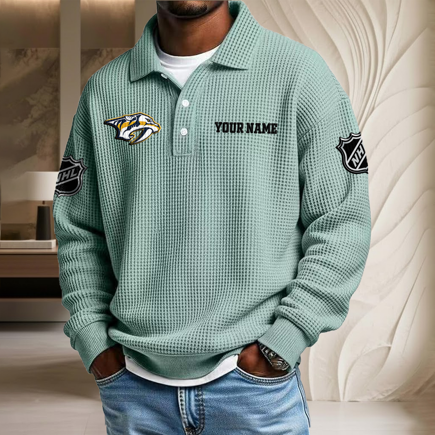 NHL x NAS Custom Name Waffle Three Button Lapel Polo HLP HLPHUONG