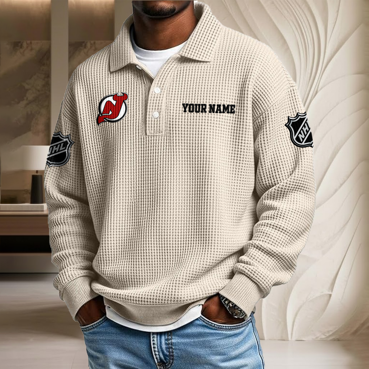 NHL x NJ Custom Name Waffle Three Button Lapel Polo HLP HLPHUONG