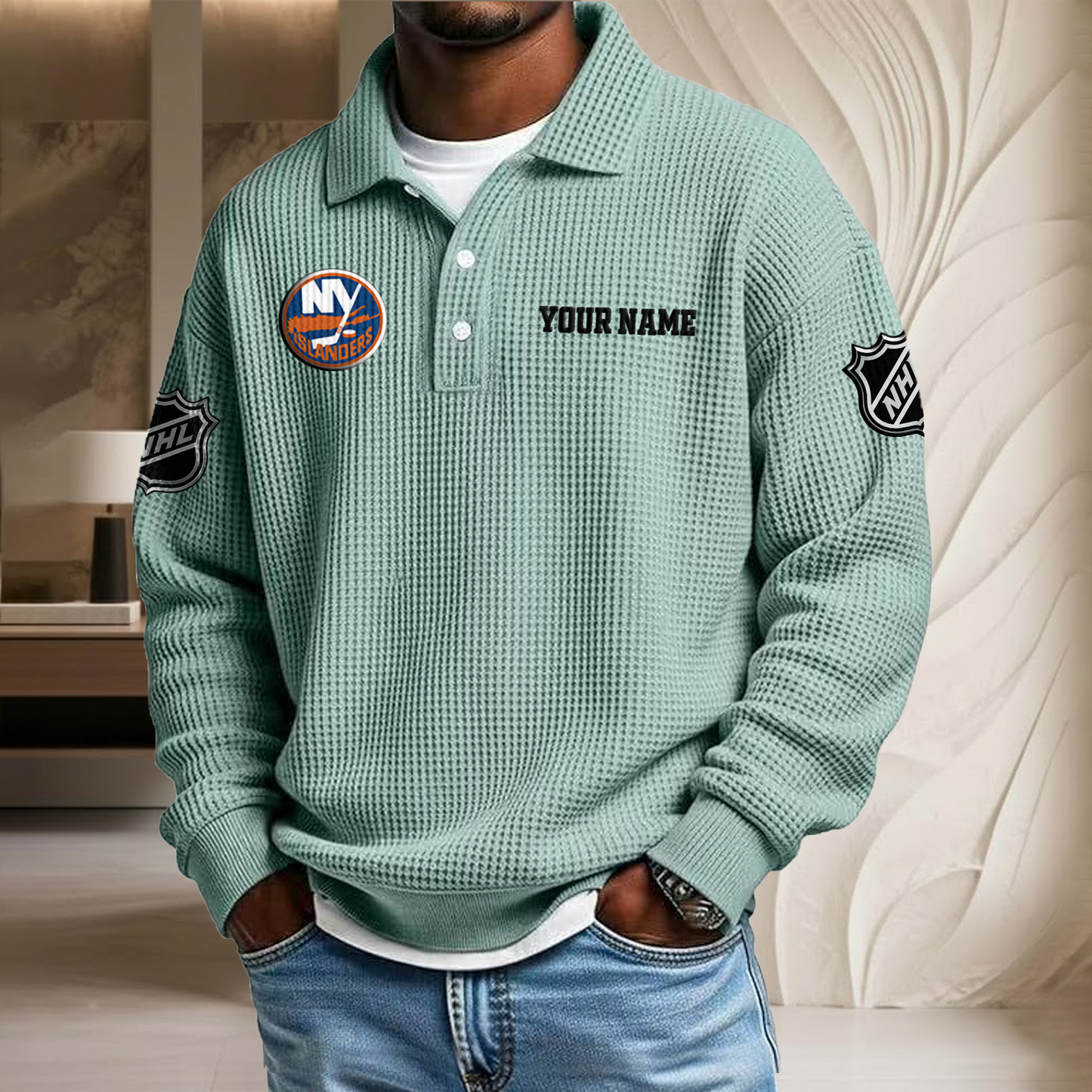 NHL x NYI Custom Name Waffle Three Button Lapel Polo HLP HLPHUONG