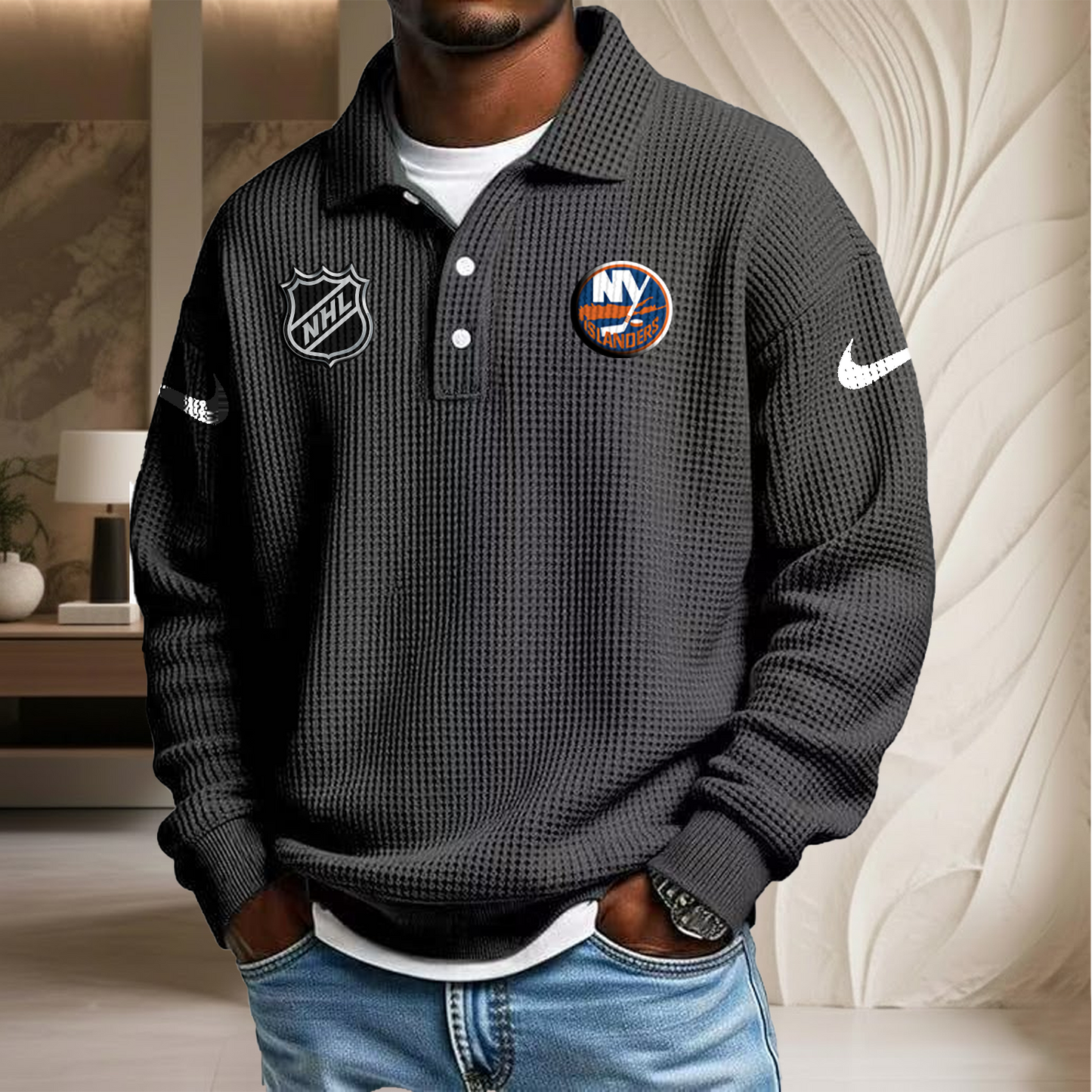 NHL x NYI Waffle Three Button Lapel Polo HLP HLPHUONG