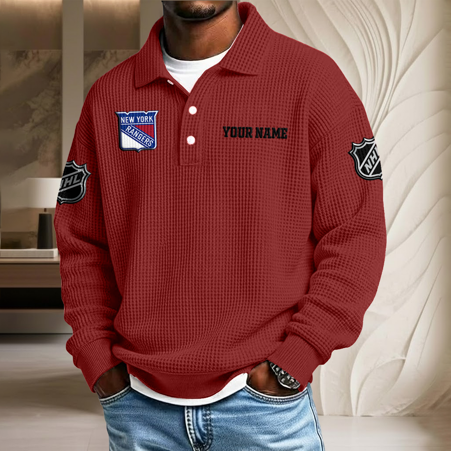 NHL x NYR Custom Name Waffle Three Button Lapel Polo HLP HLPHUONG