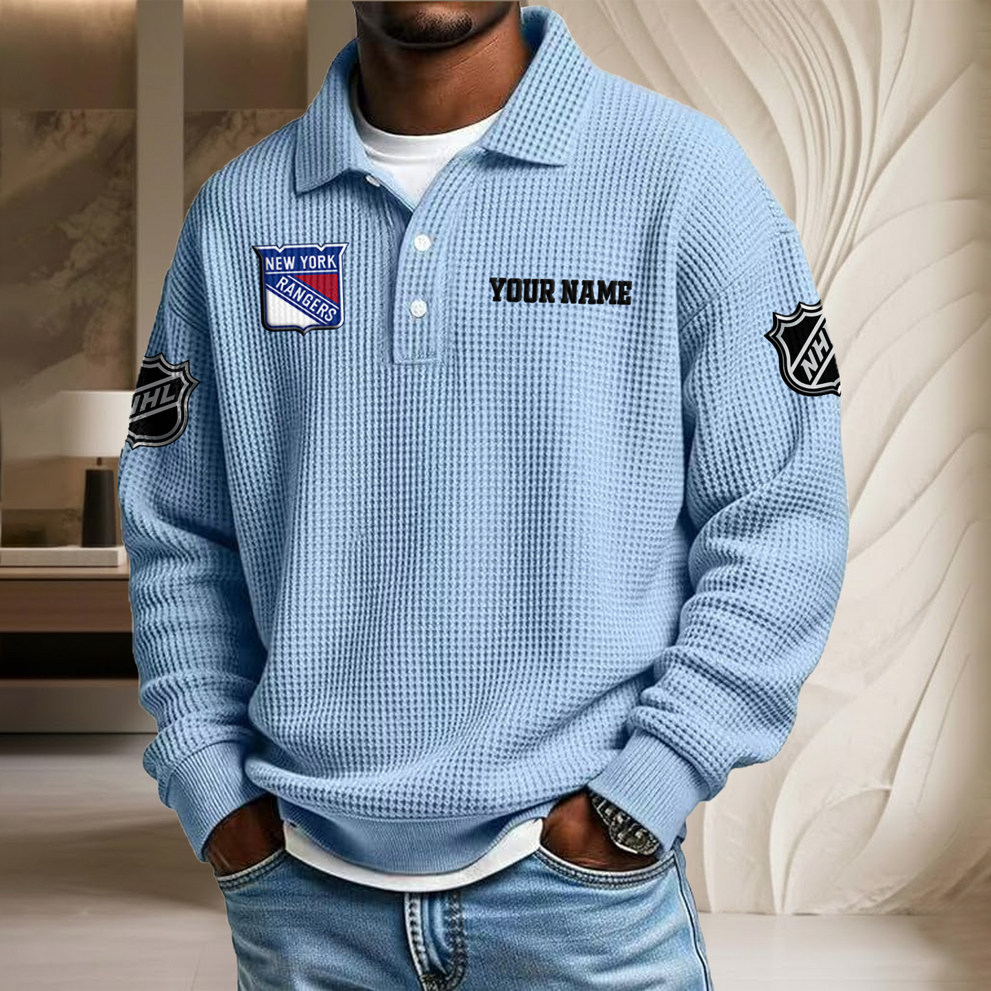 NHL x NYR Custom Name Waffle Three Button Lapel Polo HLP HLPHUONG