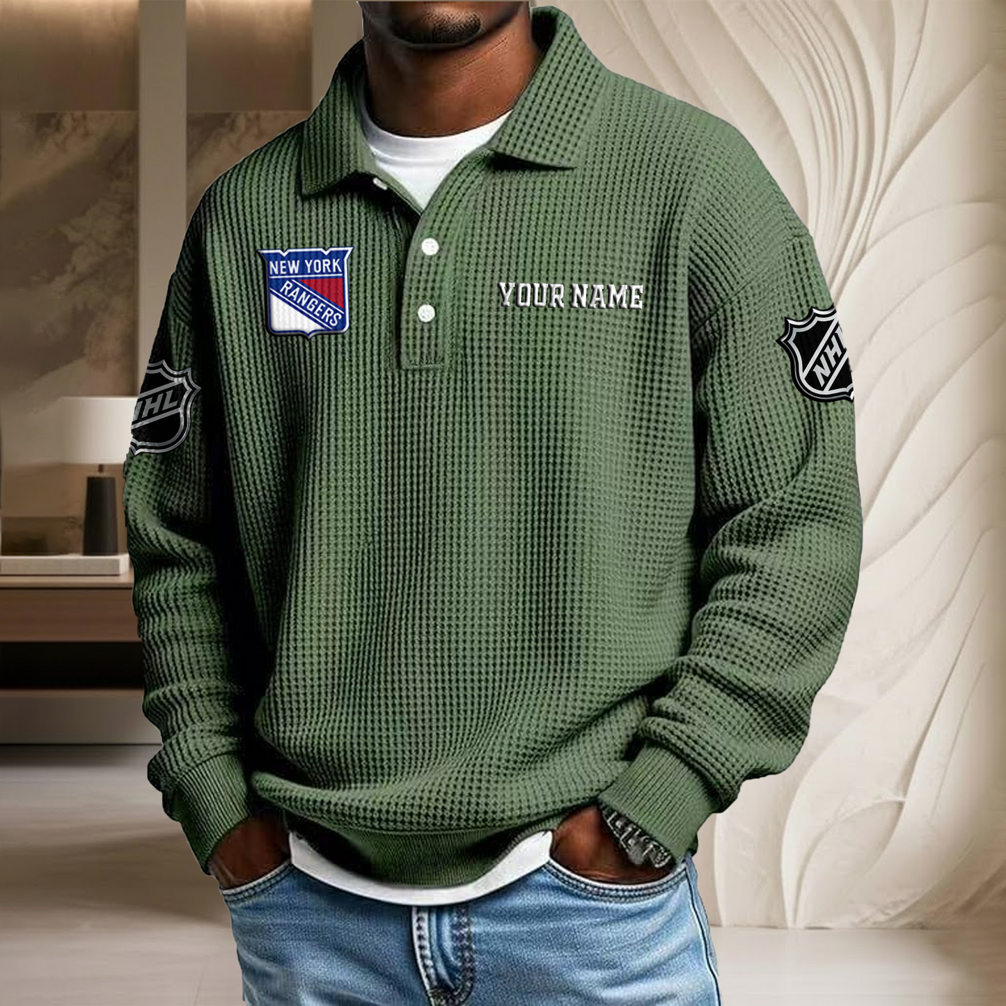 NHL x NYR Custom Name Waffle Three Button Lapel Polo HLP HLPHUONG