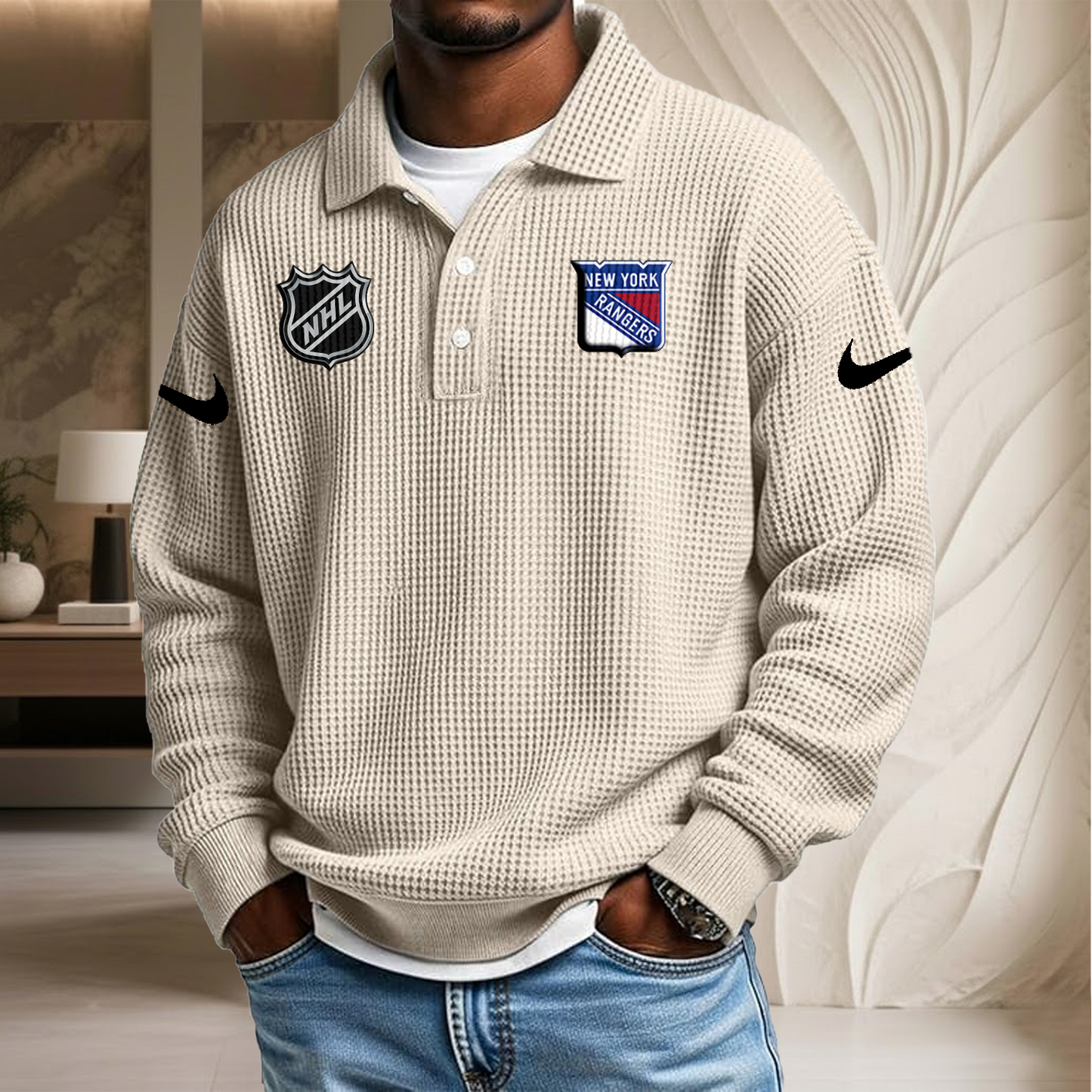 NHL x NYR Waffle Three Button Lapel Polo HLP HLPHUONG