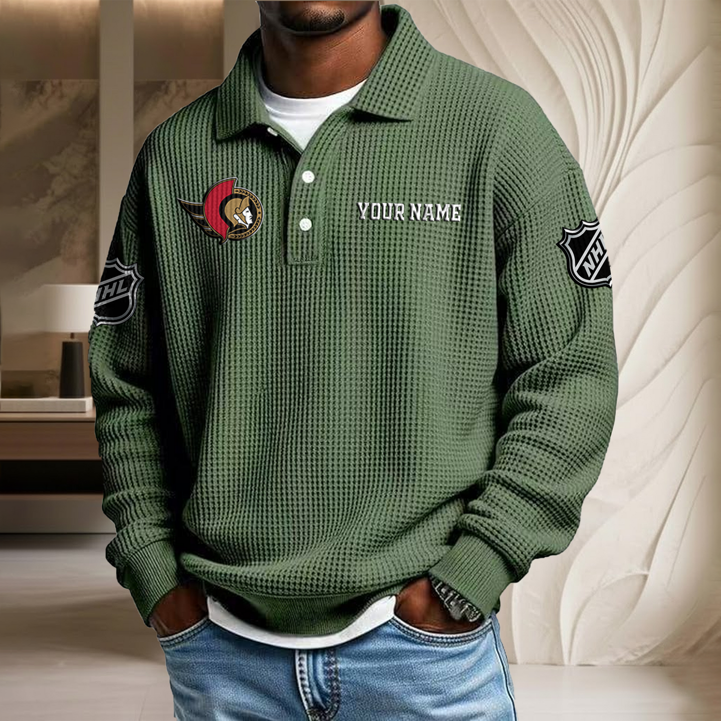 NHL x OTT Custom Name Waffle Three Button Lapel Polo HLP HLPHUONG